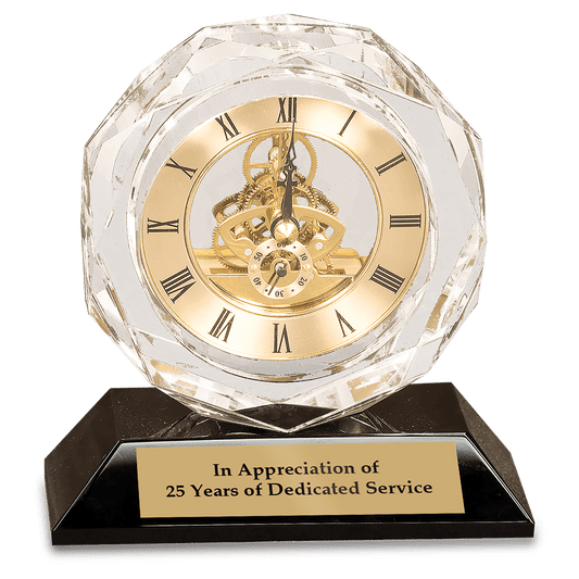 5 3/4" Clear Crystal Clock on Black Pedestal Base