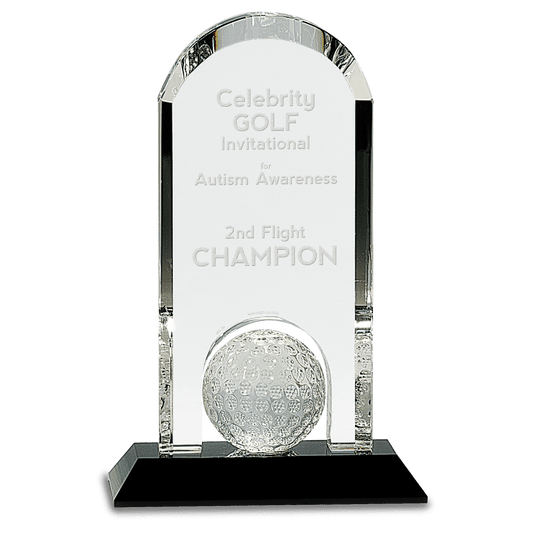 9" Clear Crystal Dome with Inset Golf Ball on Black Pedestal Base