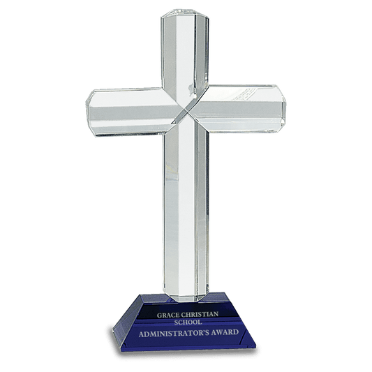 Blue 8 1/2" Crystal Cross on Pedestal Base
