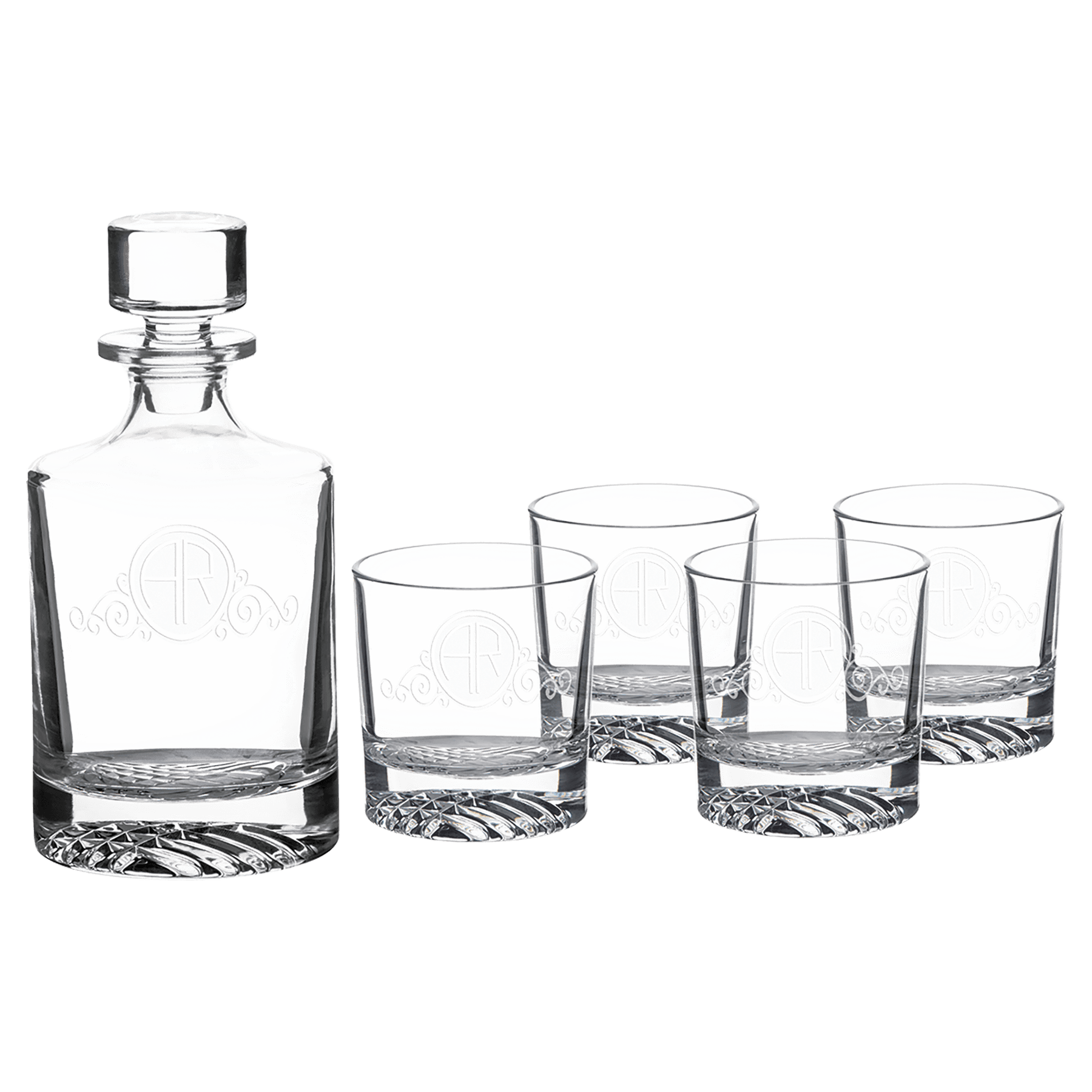 Polar Camel 850mL Round Glass Decanter Set with Four 9 oz. Rocks Glasses in Black Gift Box with Printed Paper Sleeve