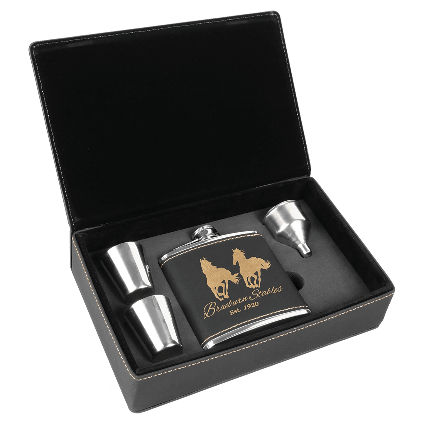 Black/Gold 6 oz. Laserable Leatherette Flask Gift Set