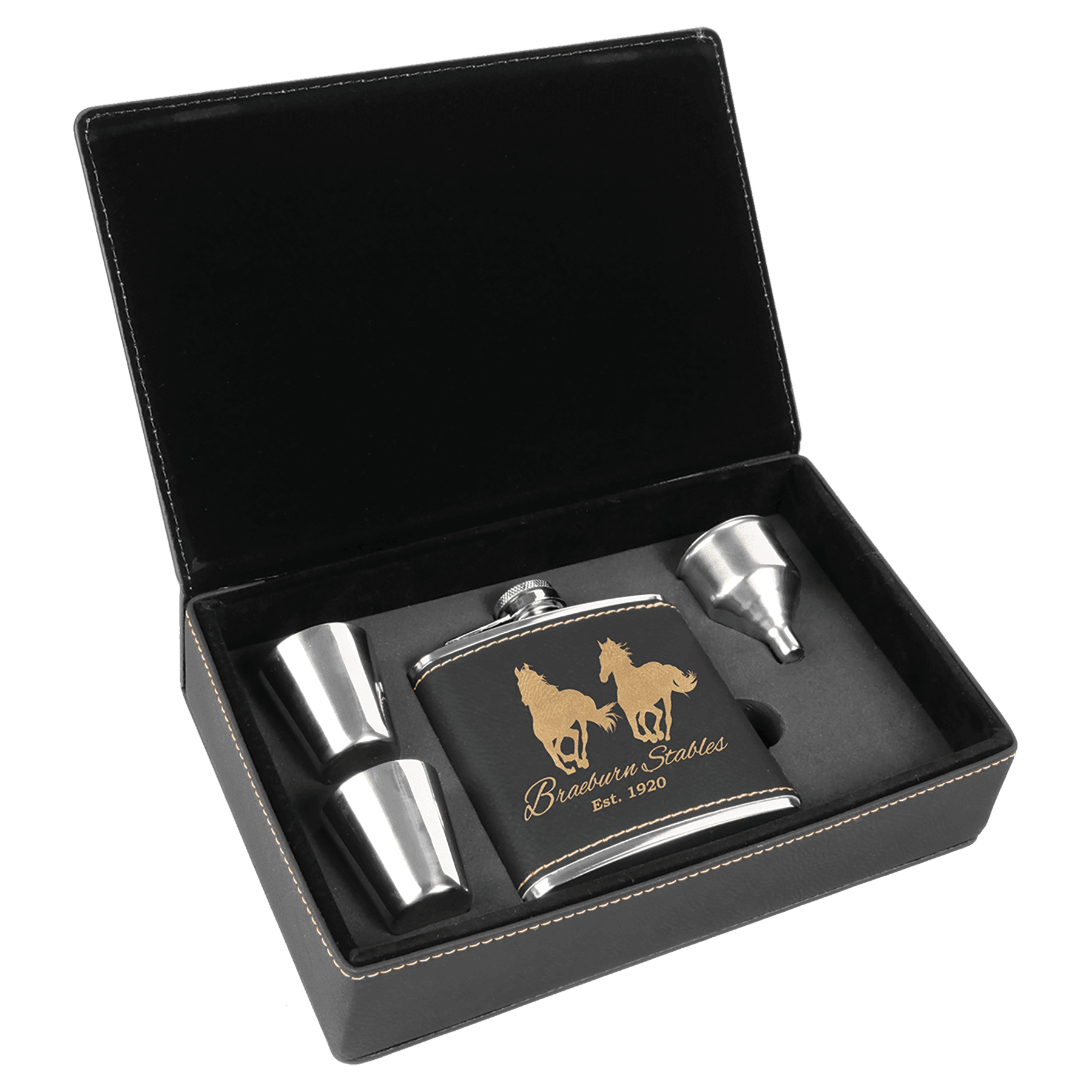 Black/Gold 6 oz. Laserable Leatherette Flask Gift Set