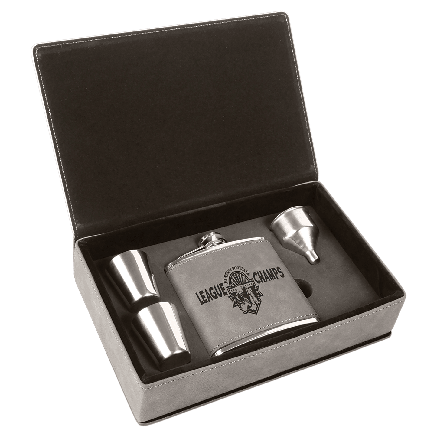 Gray 6 oz. Laserable Leatherette Flask Gift Set