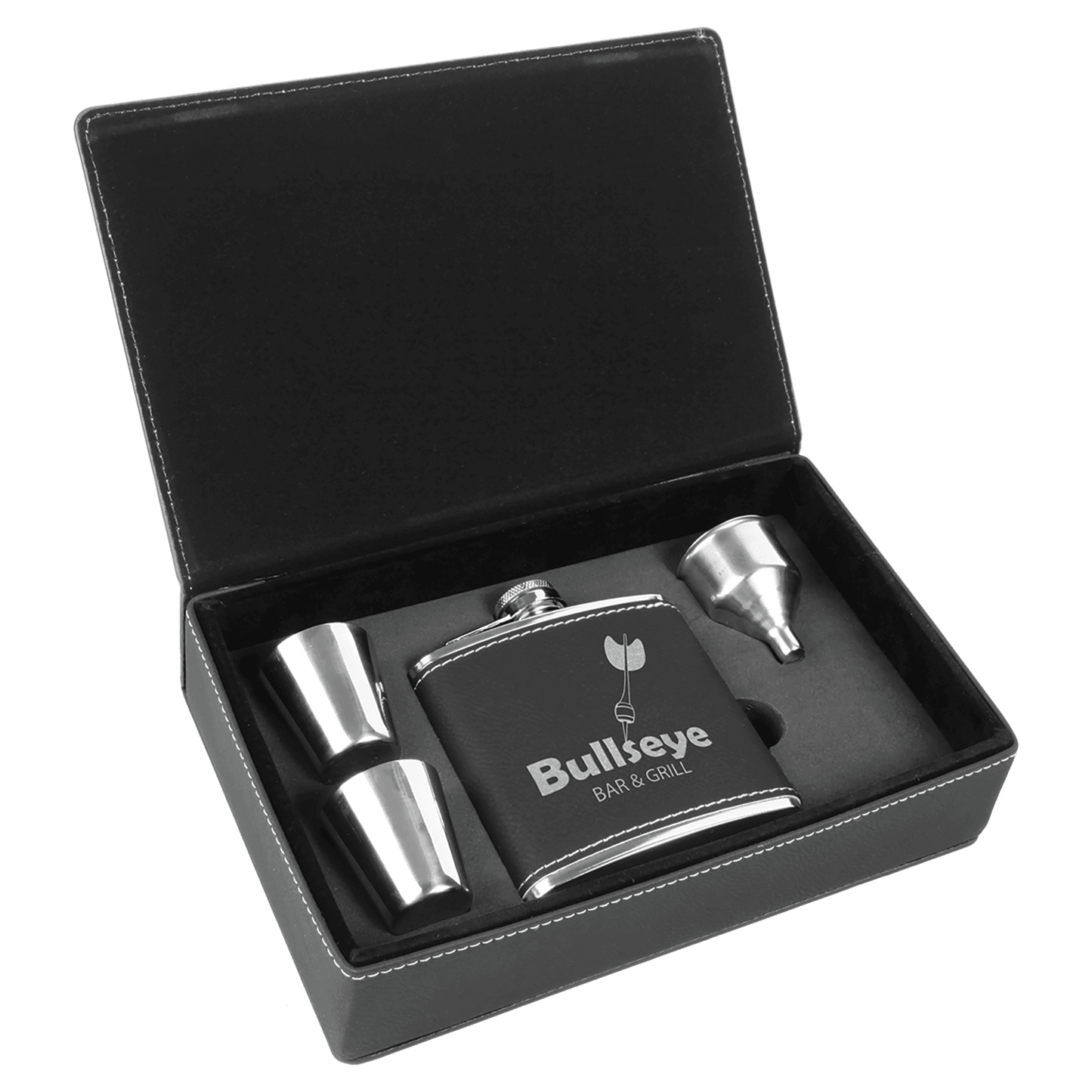 Black/Silver 6 oz. Laserable Leatherette Flask Gift Set