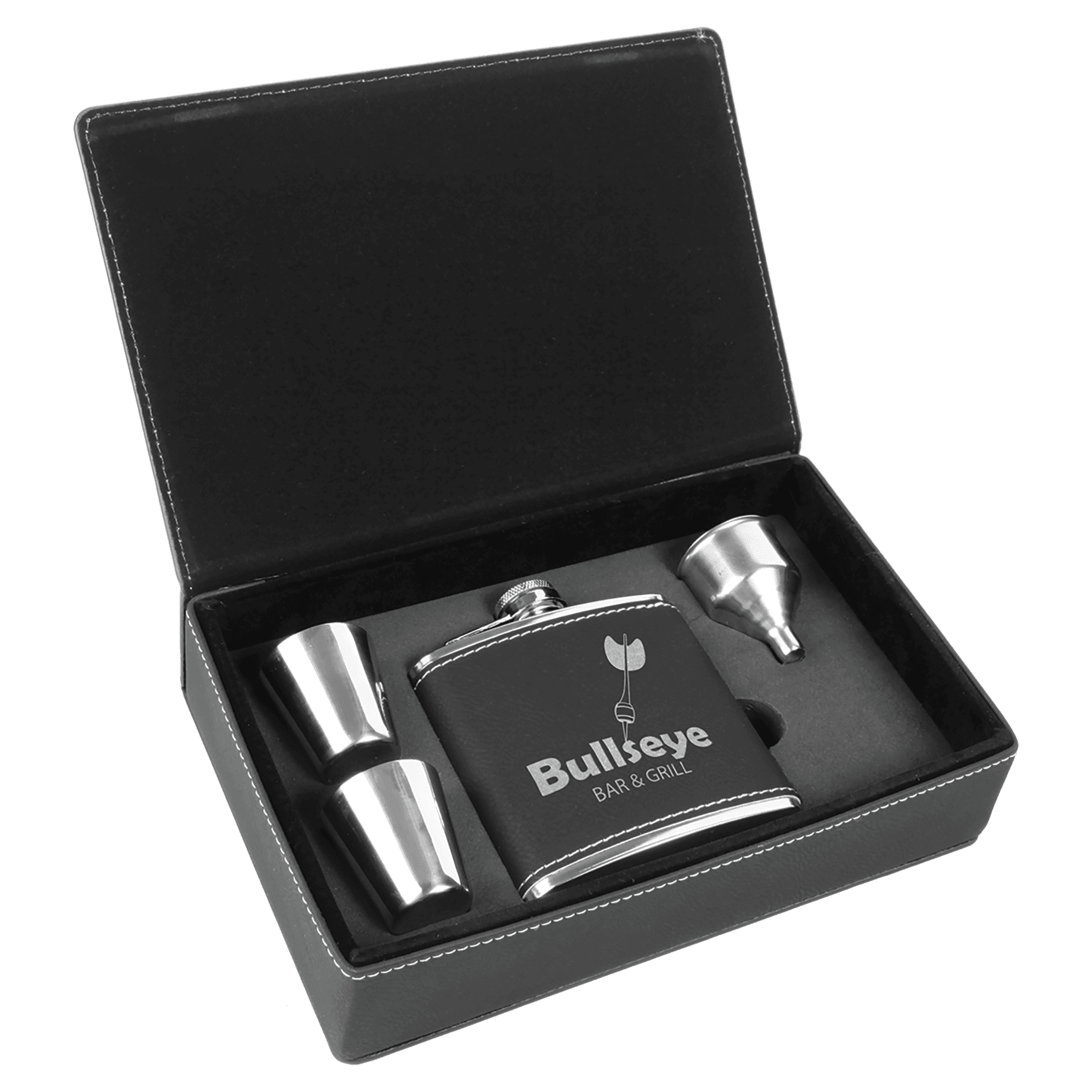 Black/Silver 6 oz. Laserable Leatherette Flask Gift Set