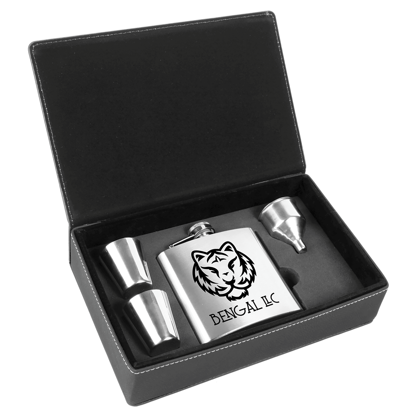 6 oz. Stainless Steel Flask Set in Black/Silver Laserable Leatherette Box