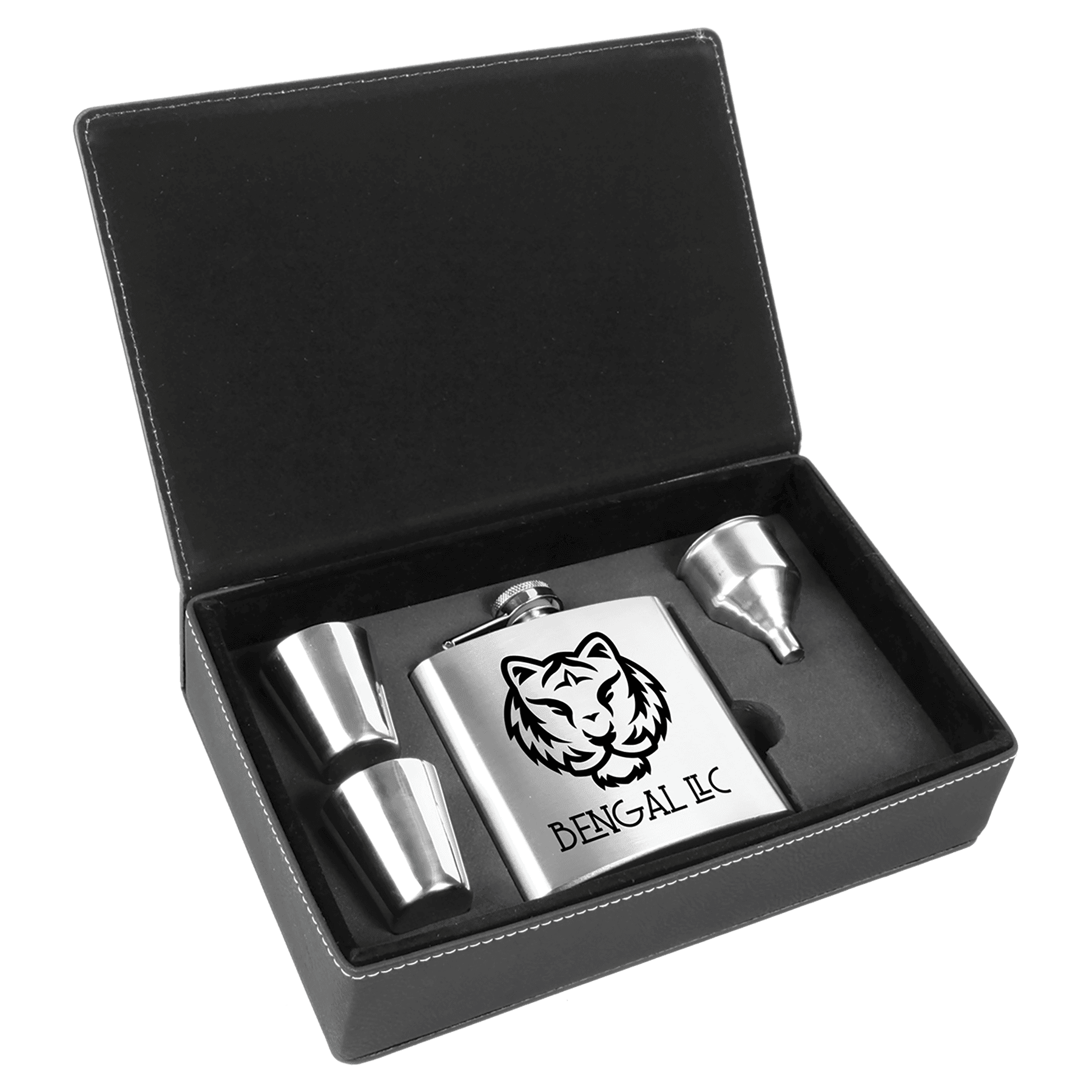6 oz. Stainless Steel Flask Set in Black/Silver Laserable Leatherette Box