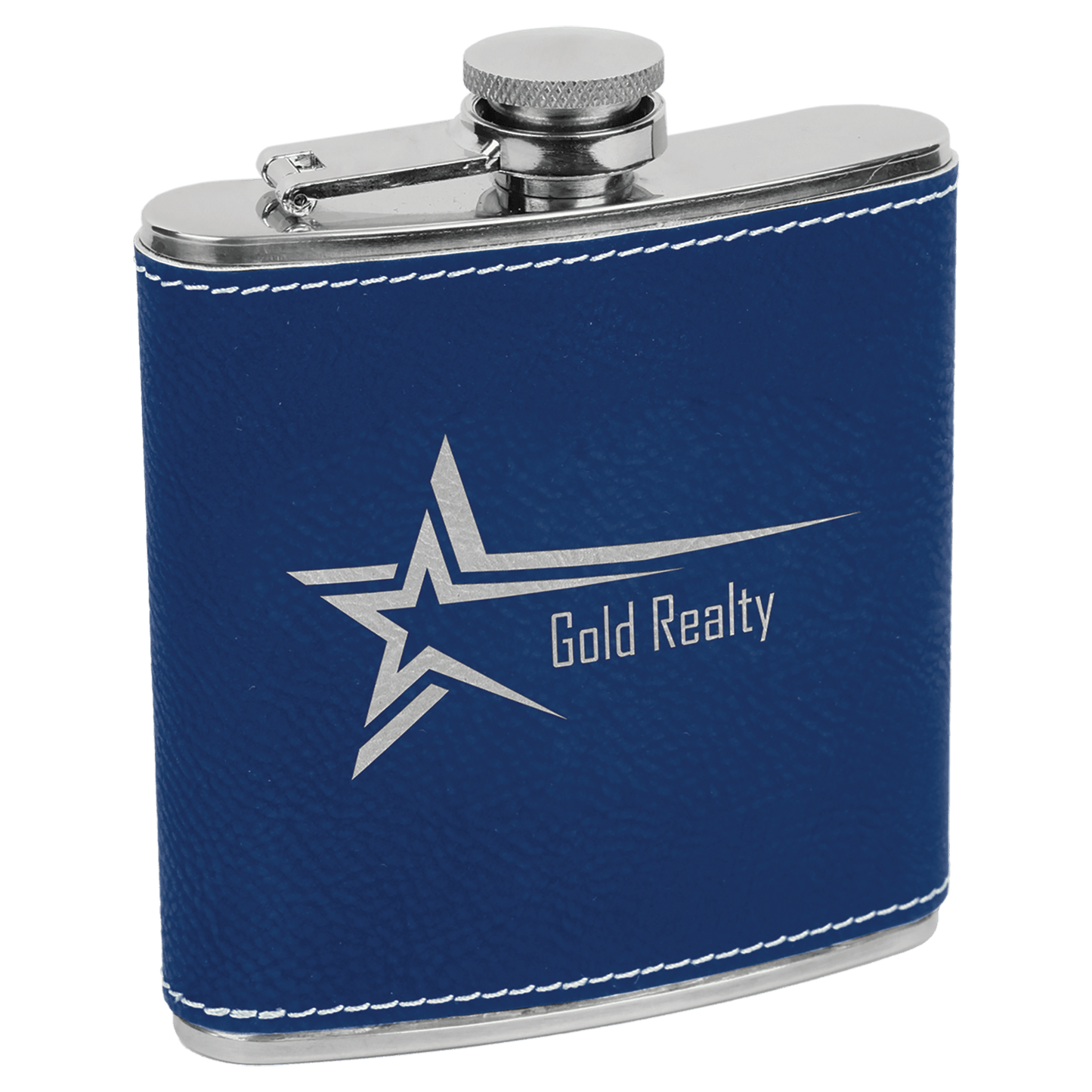 Blue/Silver 6 oz. Laserable Leatherette Stainless Steel Flask
