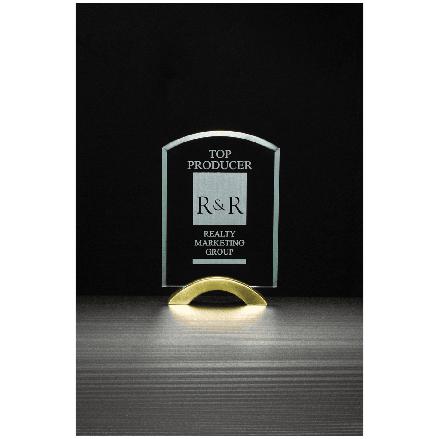 6" x  8 3/4"Arch Series Glass Award with Gold Metal Base