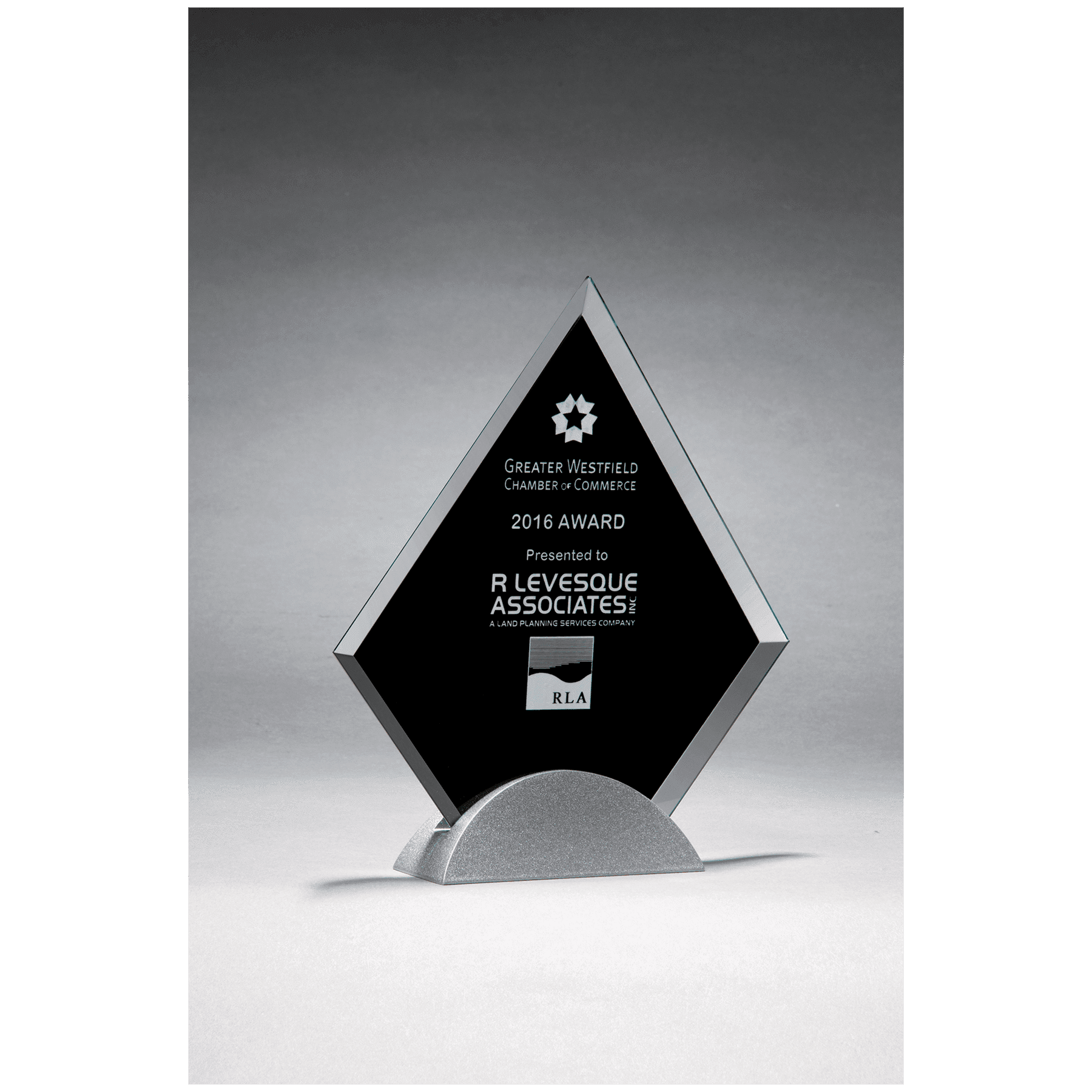 8" x 9" Diamond Shaped Glass Award, Black Silkscreen on Silver Metal Base