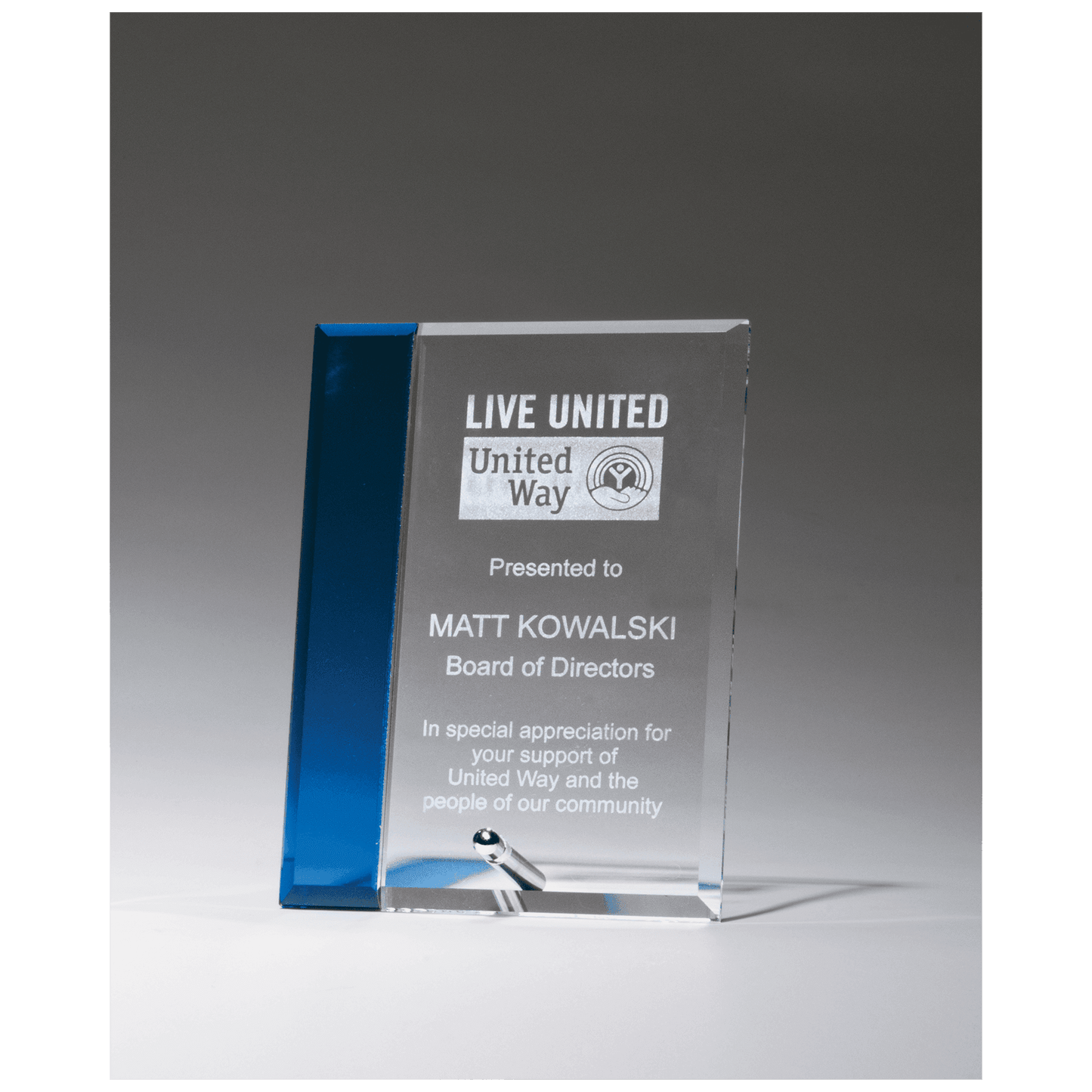 Clear Glass with Sapphire Blue Highlight and Silver 4" x 6" Plated Easel Post
