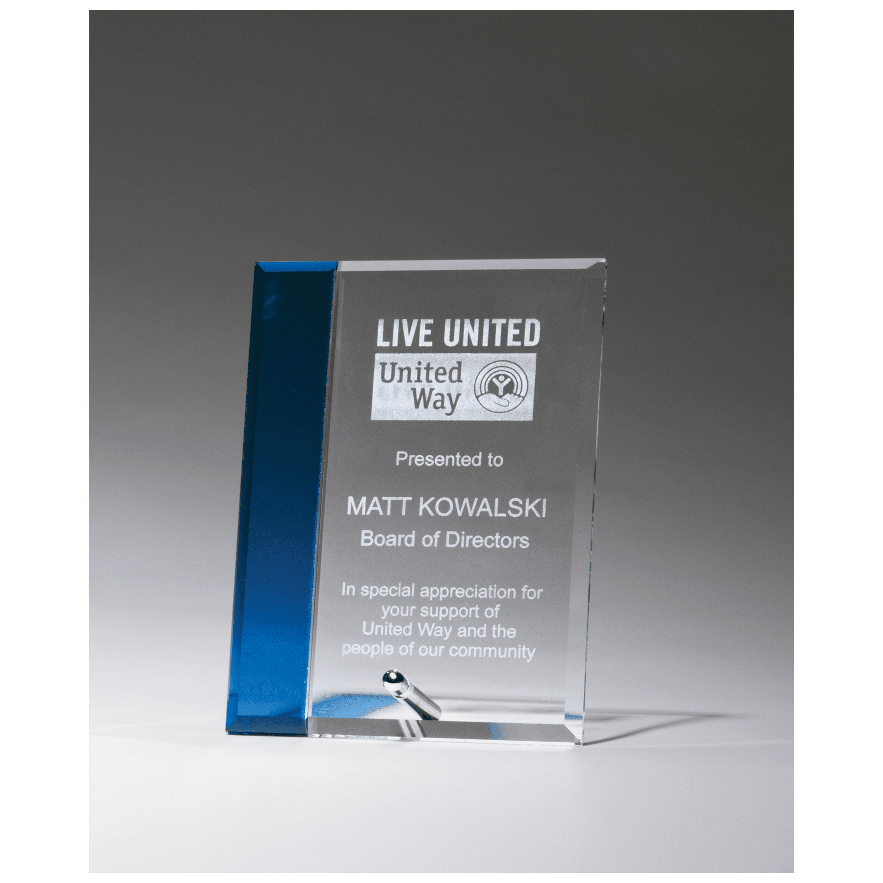 Clear Glass with Sapphire Blue Highlight and Silver 5" x 7" Plated Easel Post