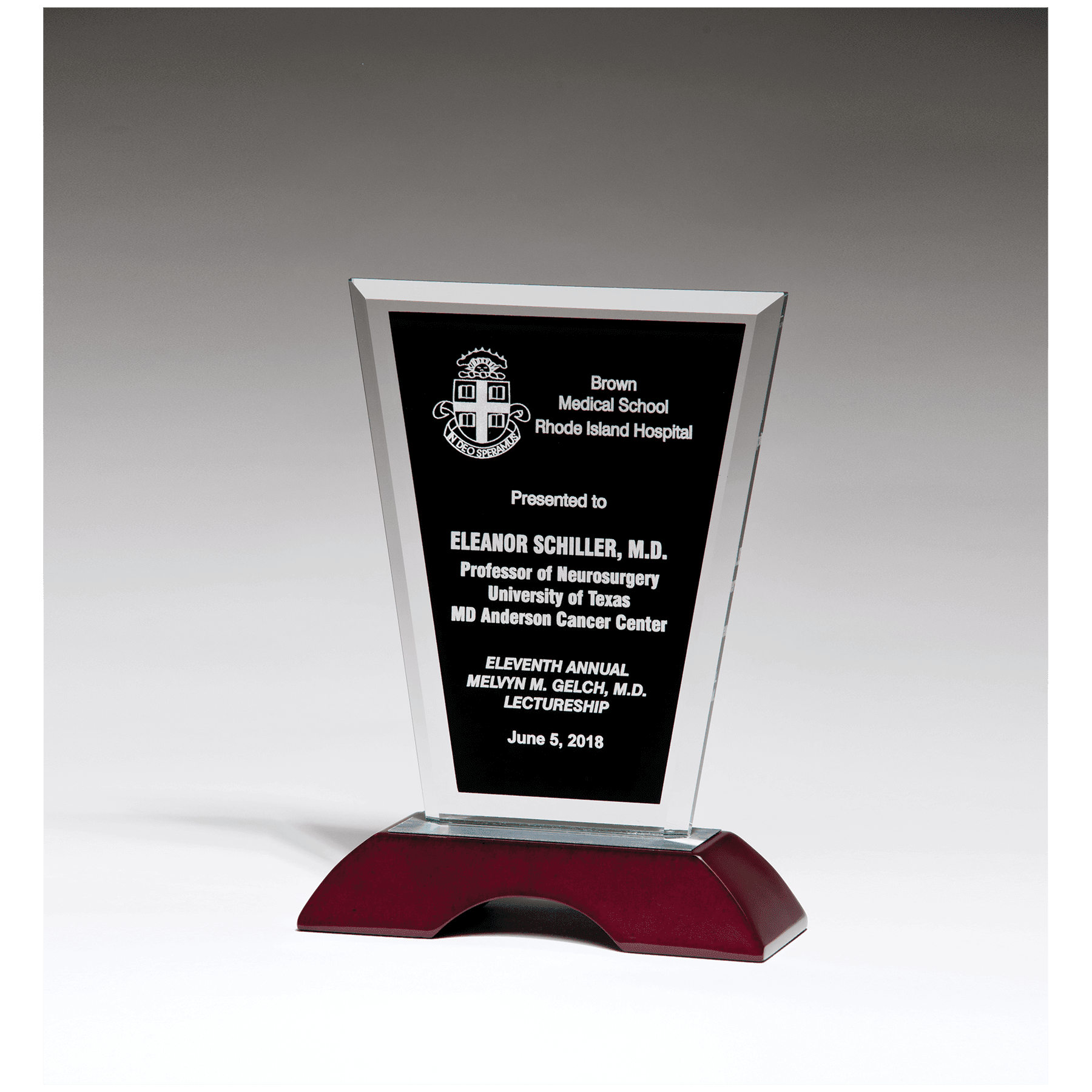 6" x 10" Black Silkscreened Clear Glass with High Gloss Rosewood Base