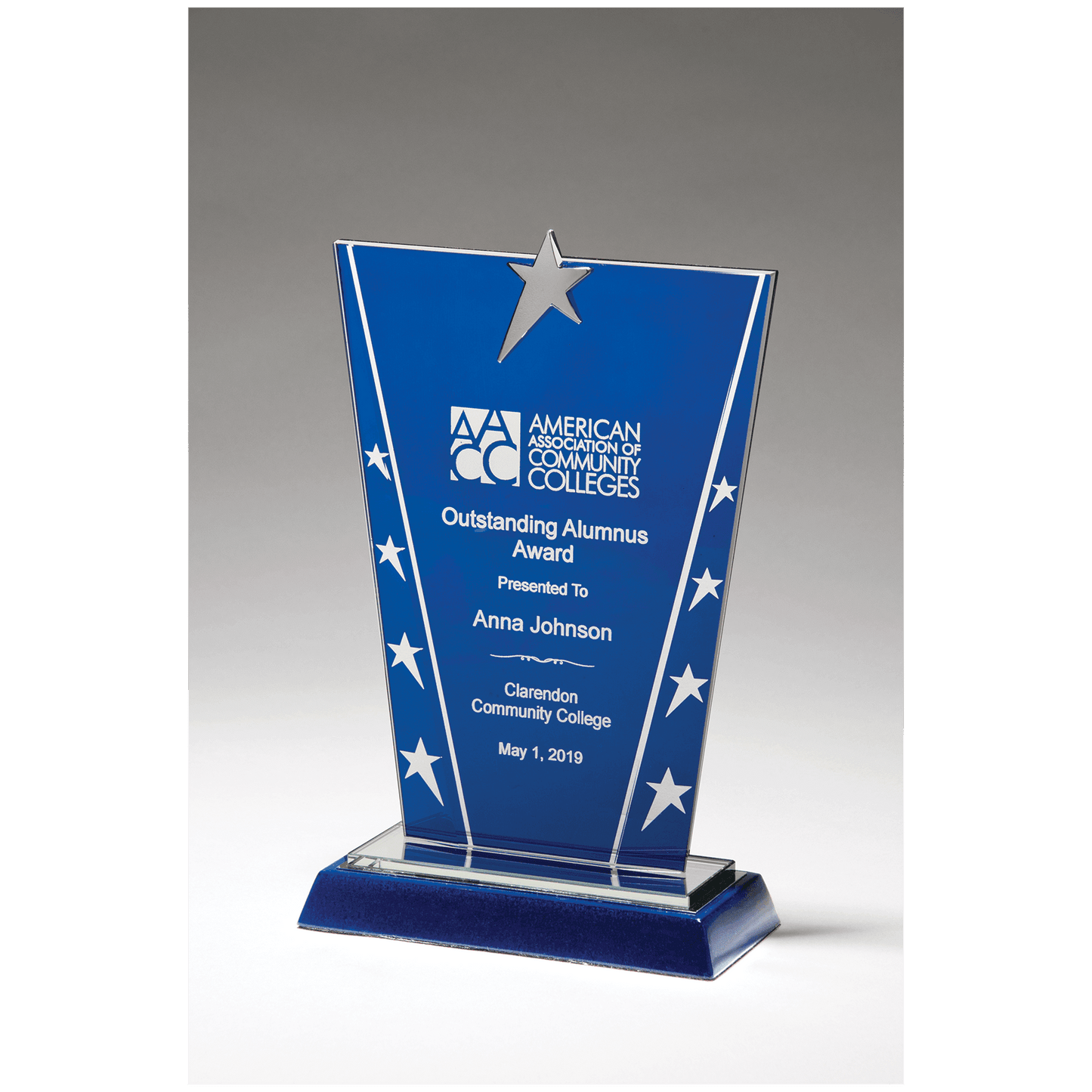 6 3/8" x 10 5/8" Constellation Series Glass Award with Blue Background with Chrome Plated Star