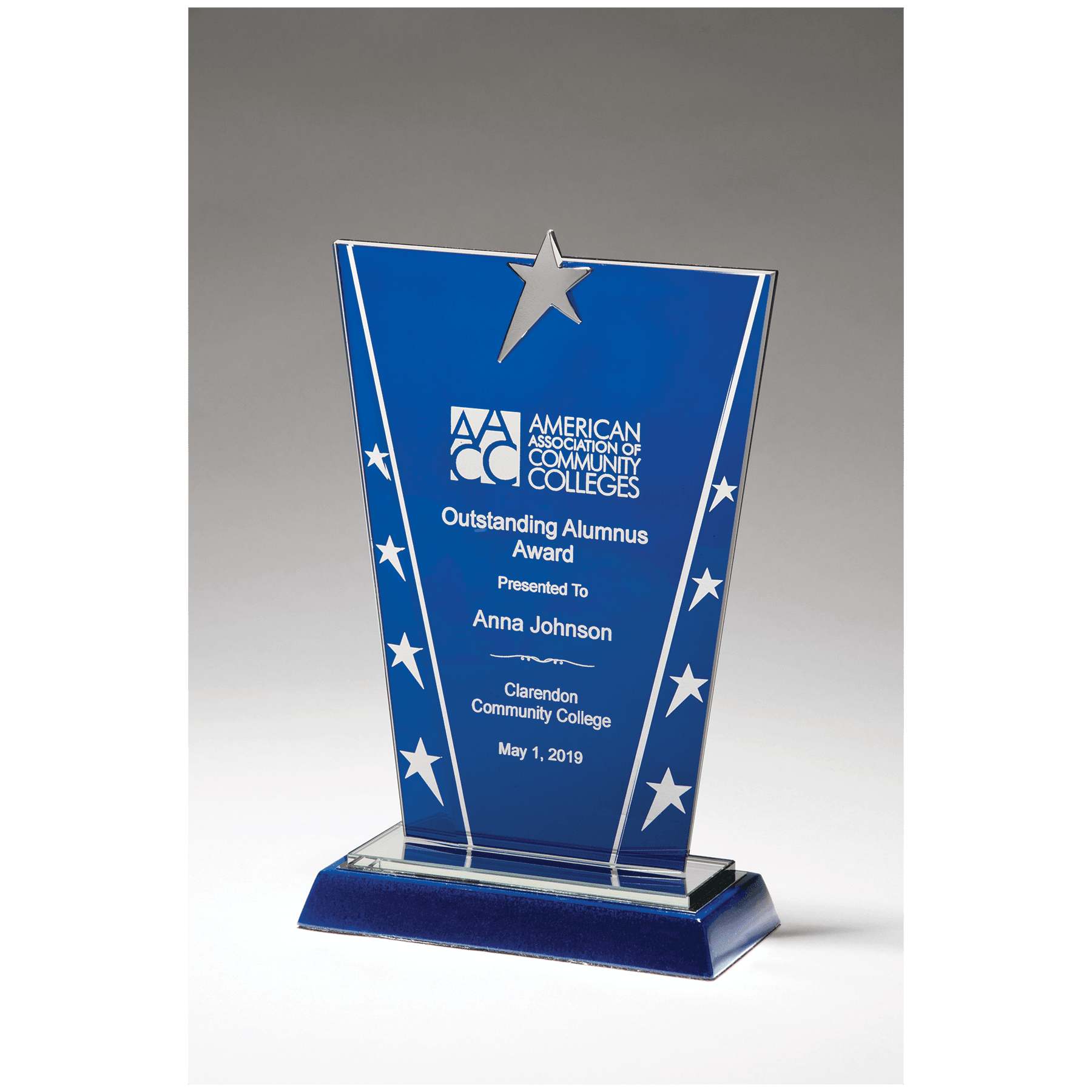 6 3/8" x 10 5/8" Constellation Series Glass Award with Blue Background with Chrome Plated Star