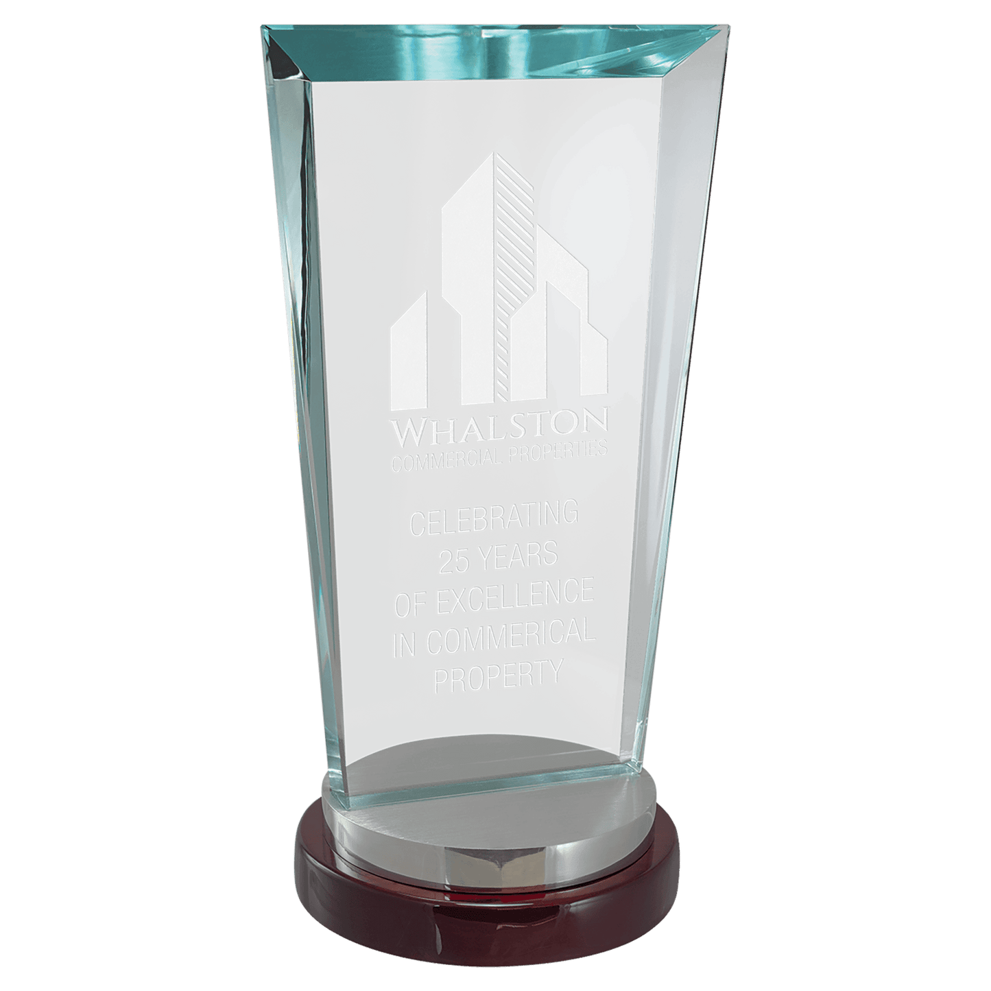 4 1/4" x 8 1/8" Premium Series Clear Glass Award with Rosewood and Alumi   num Base