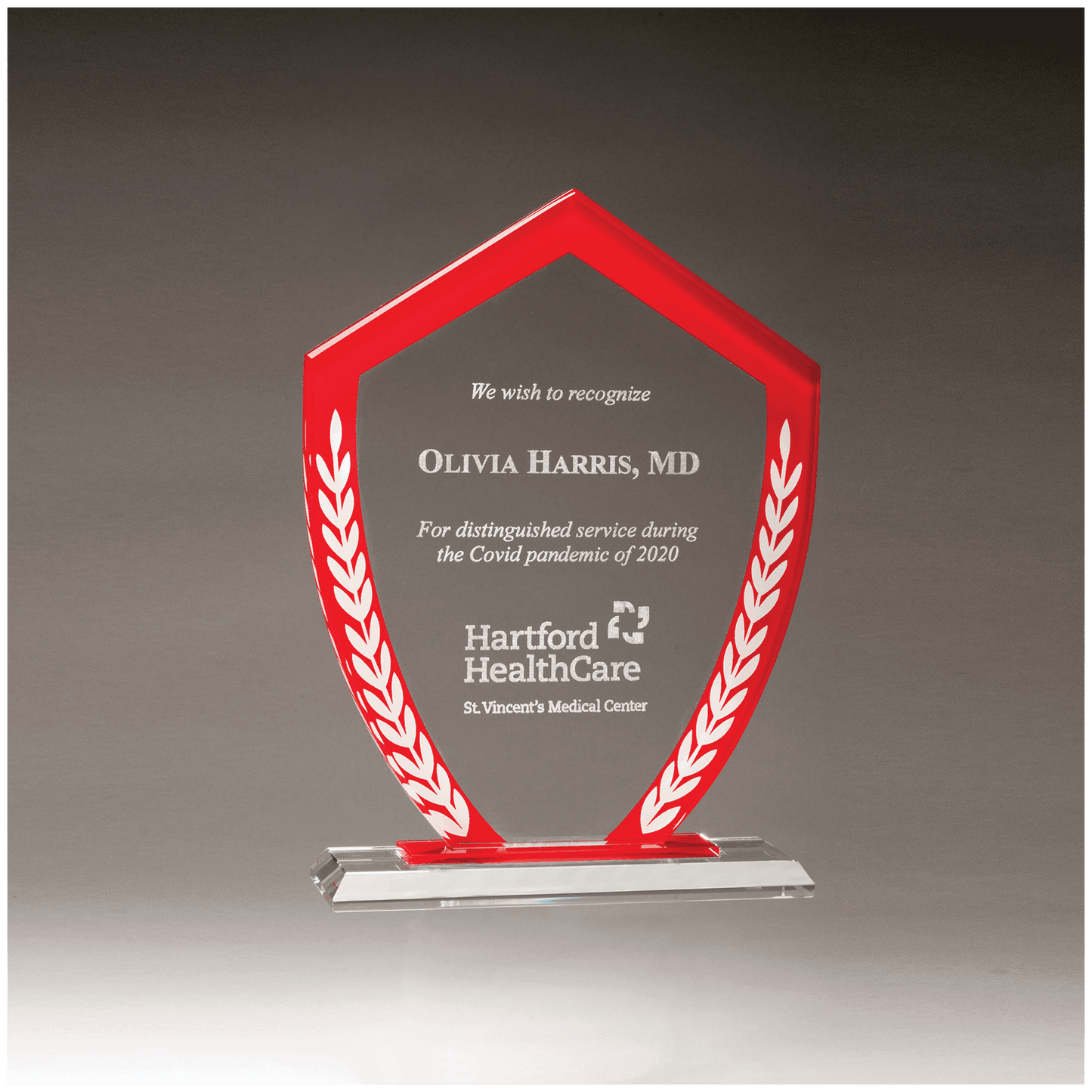 5 7/8" x 8 1/8" Shield Shaped Glass Award with Red Border and White Laurel Leaves