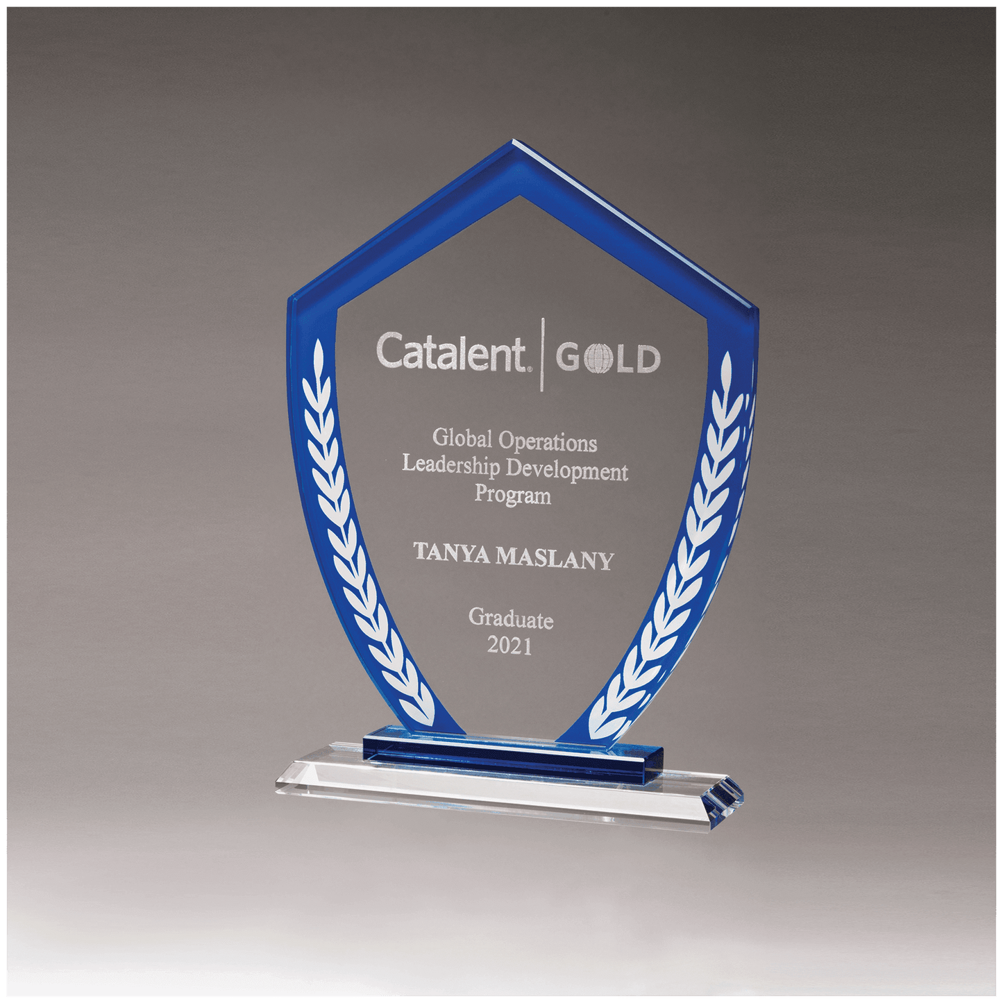 6 5/8" x 9" Shield Shaped Glass Award with Blue Border and White Laurel Leaves