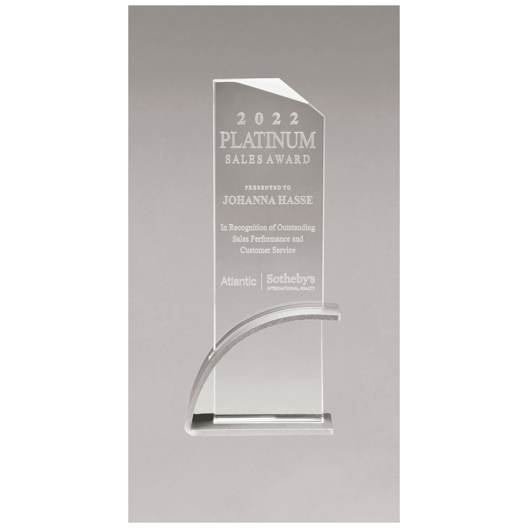 Silver Contemporary Clear 3 7/8" x 8 1/2" x 1/2" Thick Glass Award, Arched Base with Matte Metallic Finish