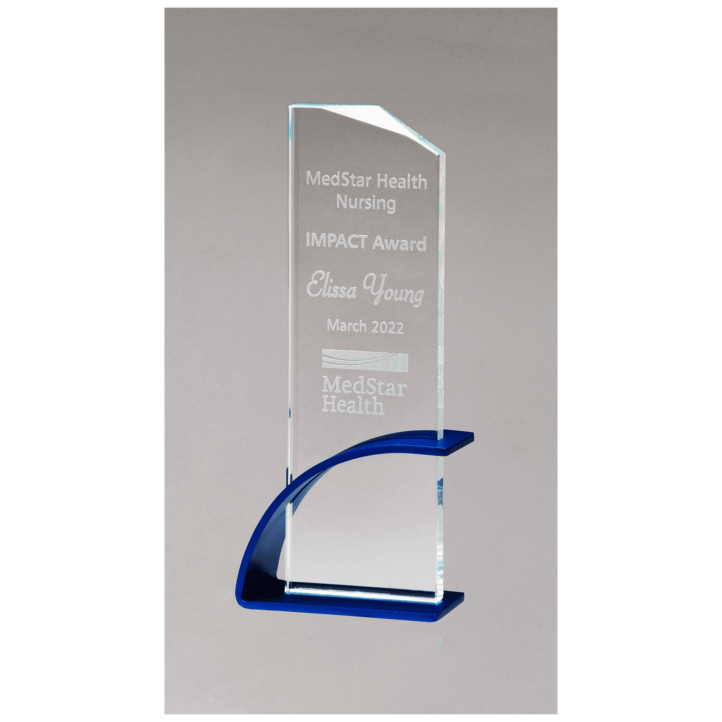 Blue Contemporary Clear 3 7/8" x 8 1/2" x 1/2" Thick Glass Award, Arched Base with Matte Metallic Finish