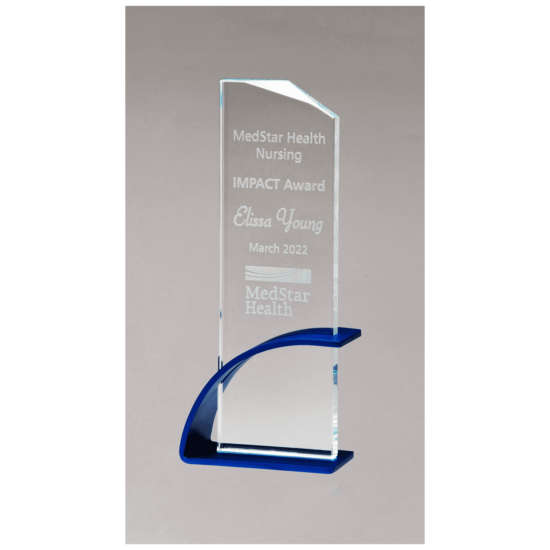 Blue Contemporary Clear 3 7/8" x 8 1/2" x 1/2" Thick Glass Award, Arched Base with Matte Metallic Finish