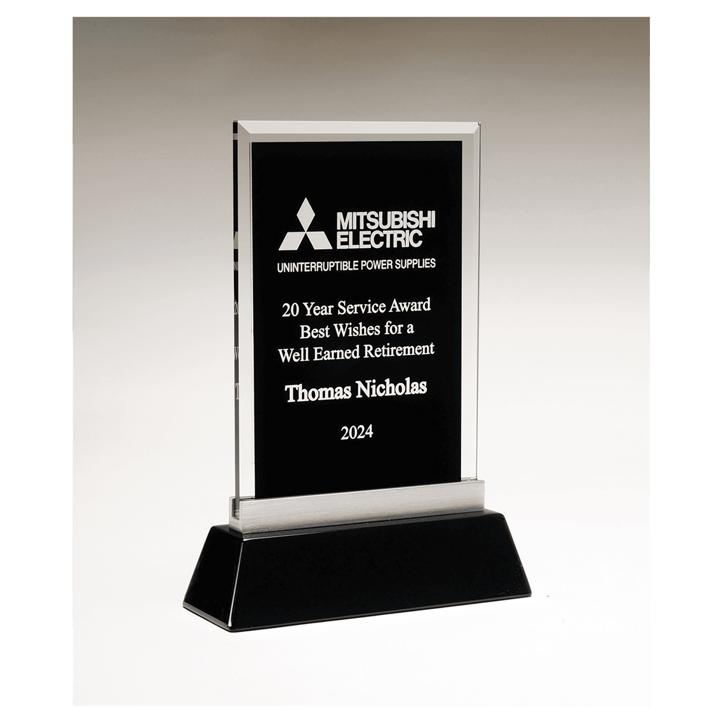 6 1/4" x 8 7/8" Rectangular Black Silkscreened Glass Award with Black Piano Finish Base