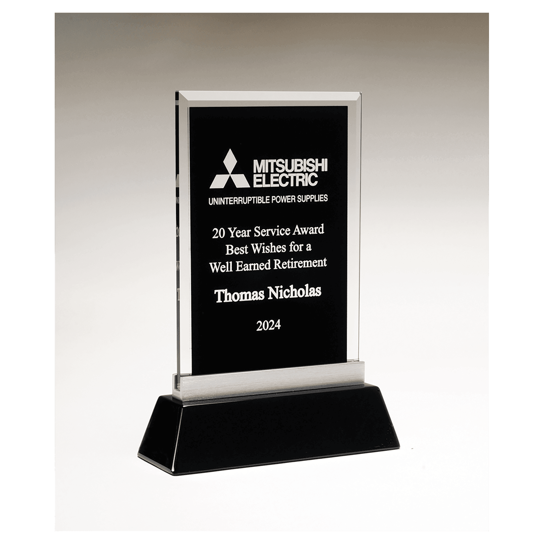 7 1/4" x 9 7/8" Rectangular Black Silkscreened Glass Award with Black Piano Finish Base