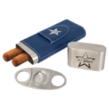Blue/Silver Laserable Leatherette Cigar Case with Cutter