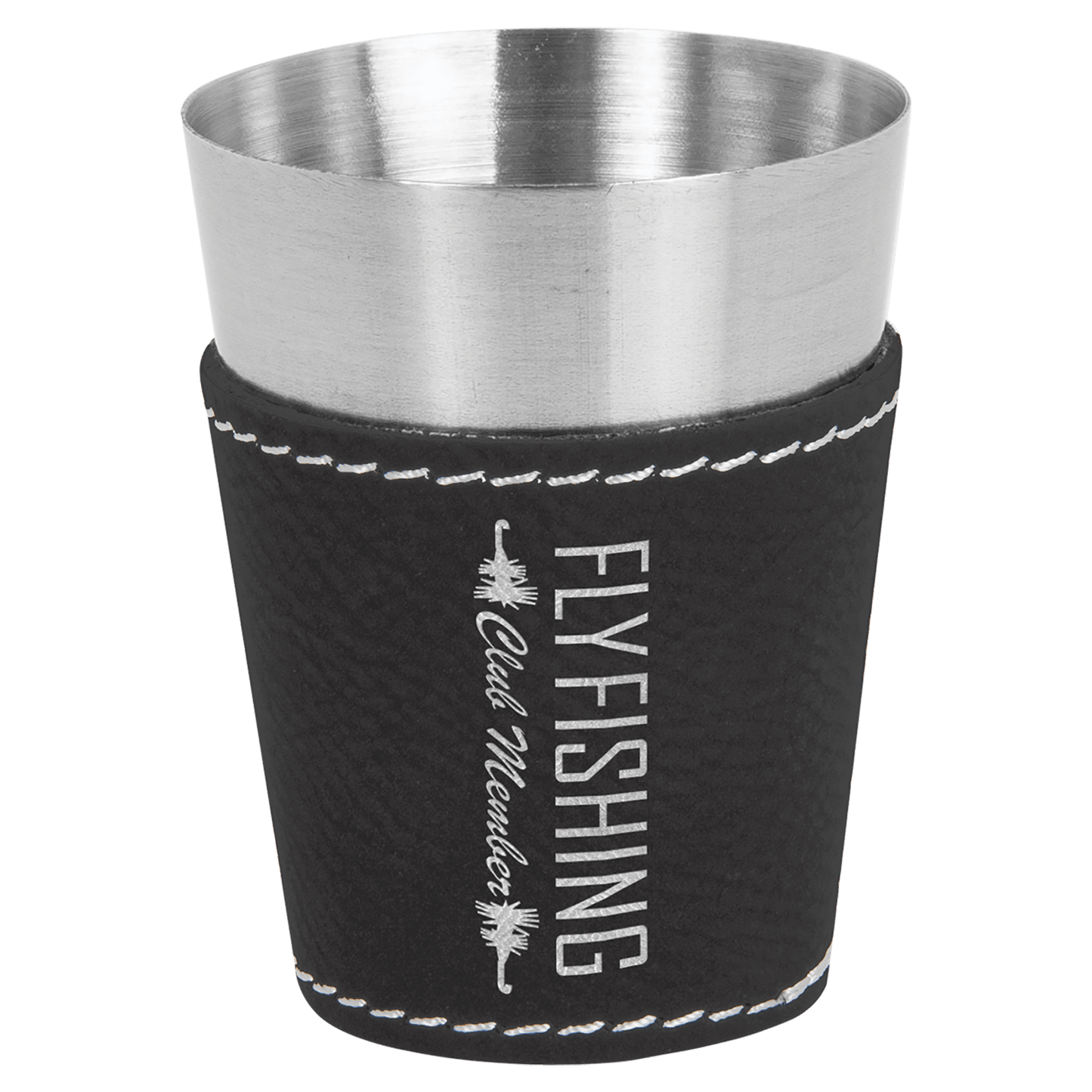 Black/Silver 2 oz. Laserable Leatherette & Stainless Steel Shot Glass