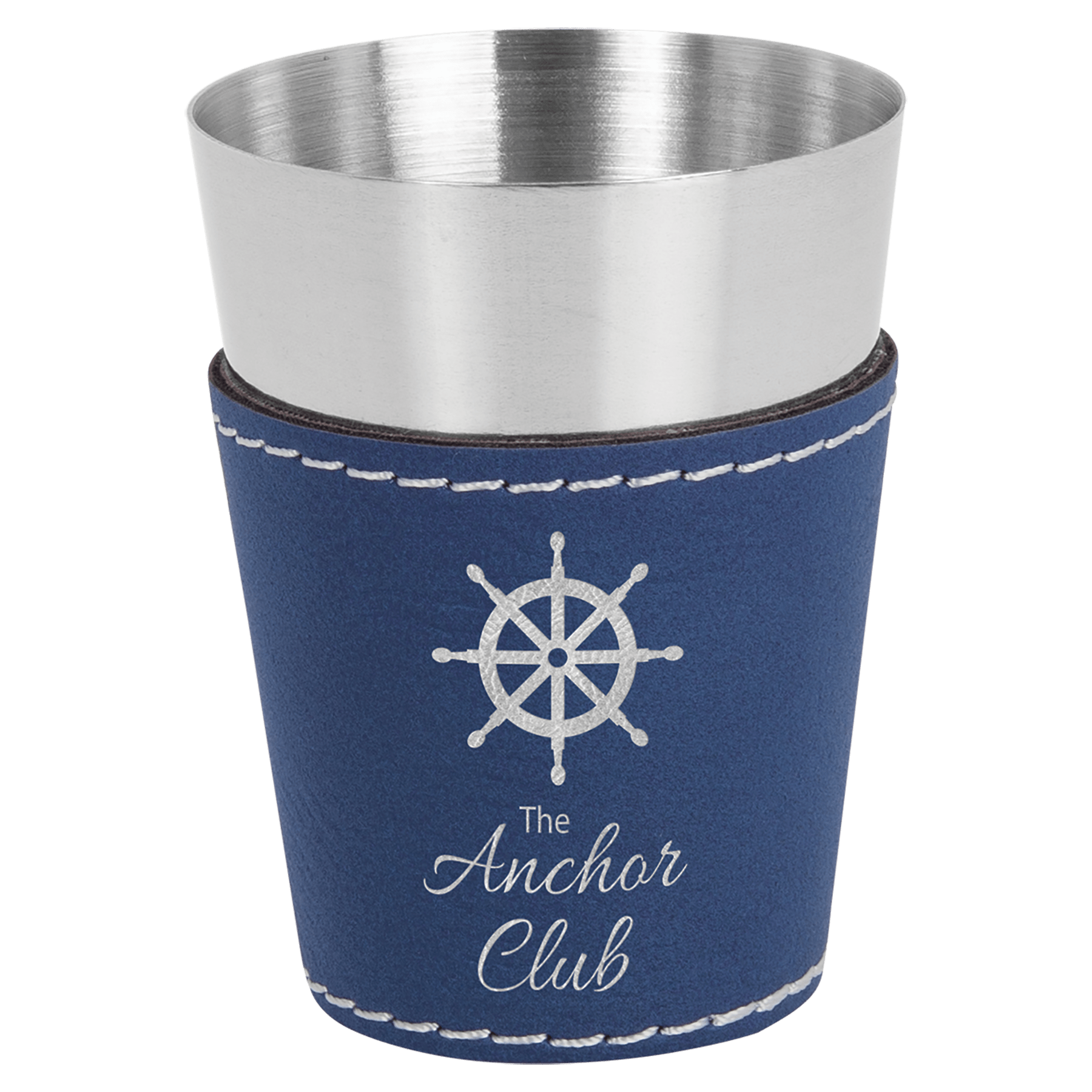 Blue/Silver 2 oz. Laserable Leatherette & Stainless Steel Shot Glass