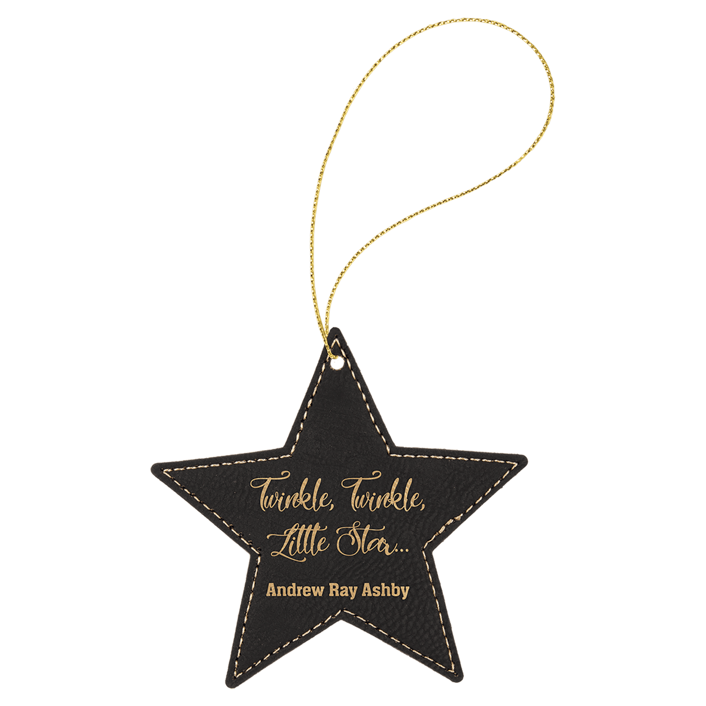 Black/Gold Laserable Leatherette Star Ornament with Gold String