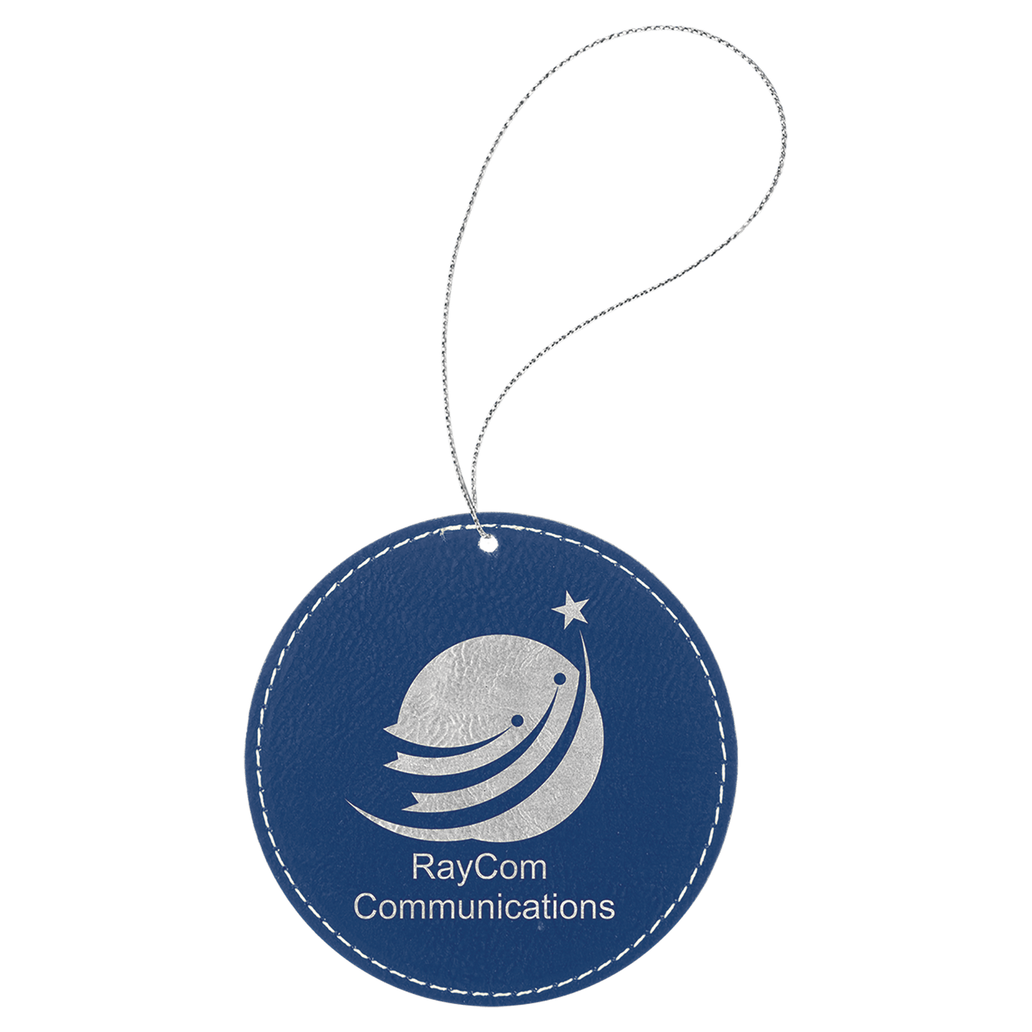 Blue/Silver Laserable Leatherette Round Ornament with Silver String