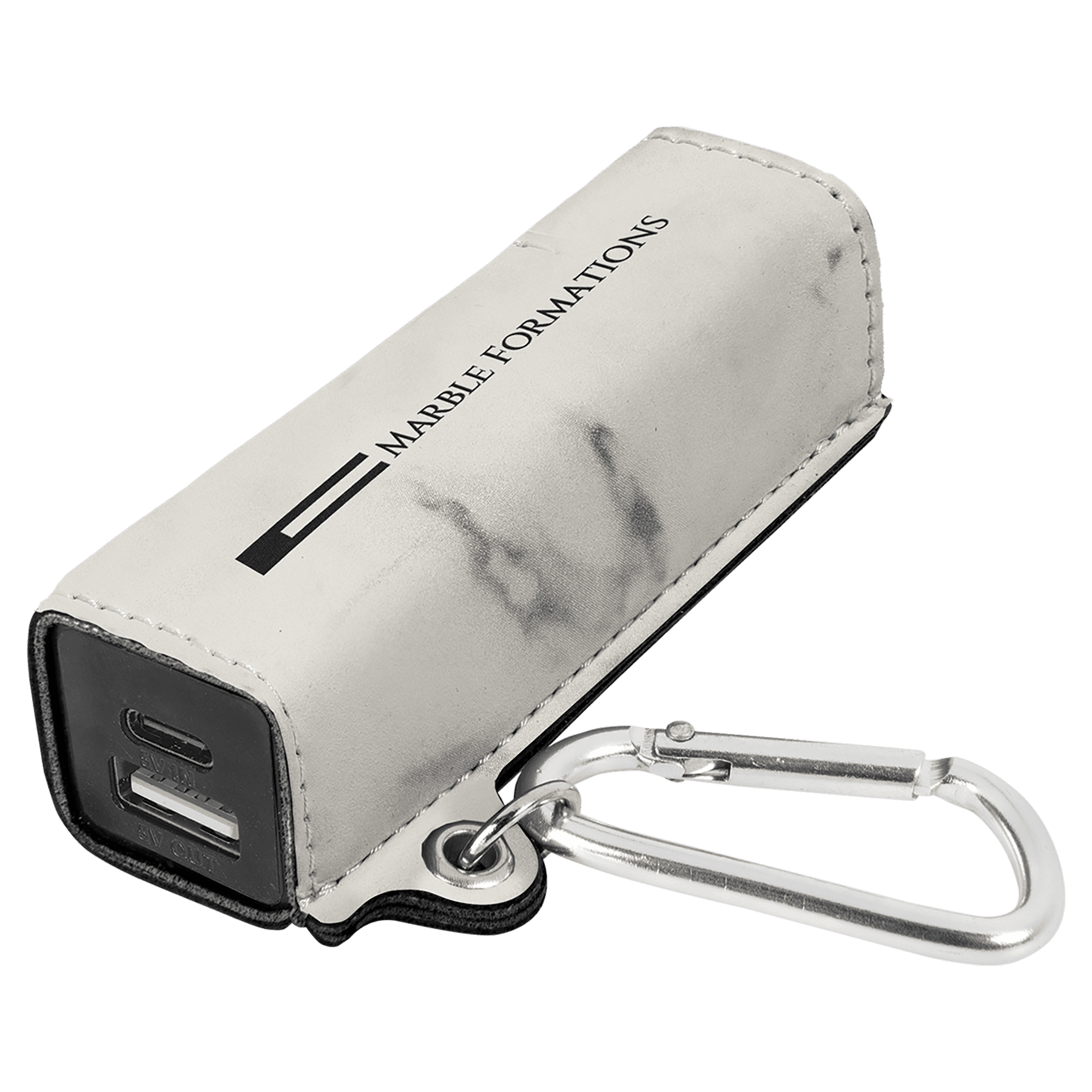 White Marble Laserable Leatherette 2200 mAh Power Bank with USB-C Cord