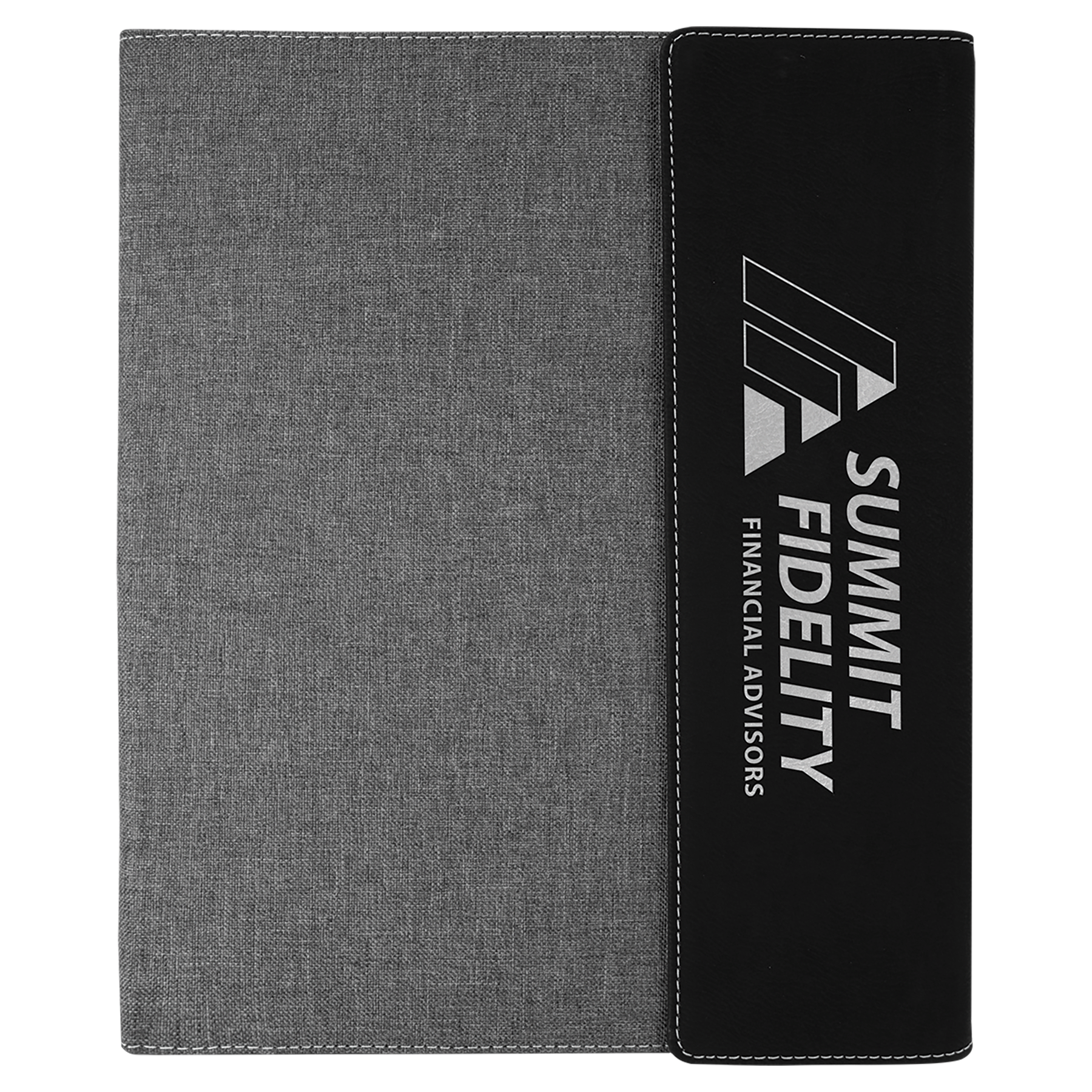 Black/Silver Laserable Leatherette / Gray 9 1/2" x 12" Laserable Leatherette / Canvas Portfolio with Notepad