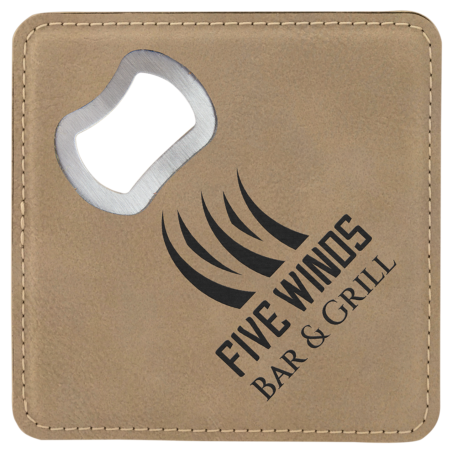 Light Brown 4" x 4" Square Laserable Leatherette Bottle Opener Coaster