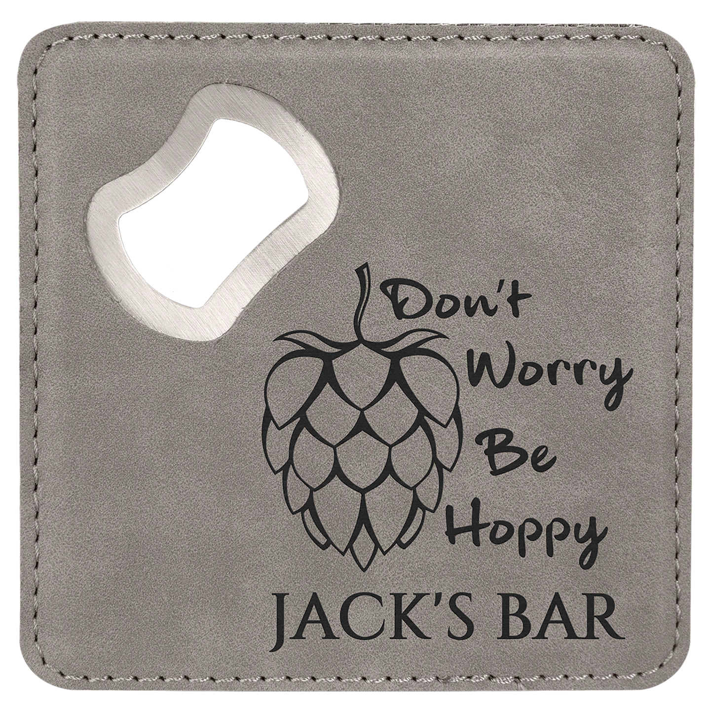 Gray 4" x 4" Square Laserable Leatherette Bottle Opener Coaster