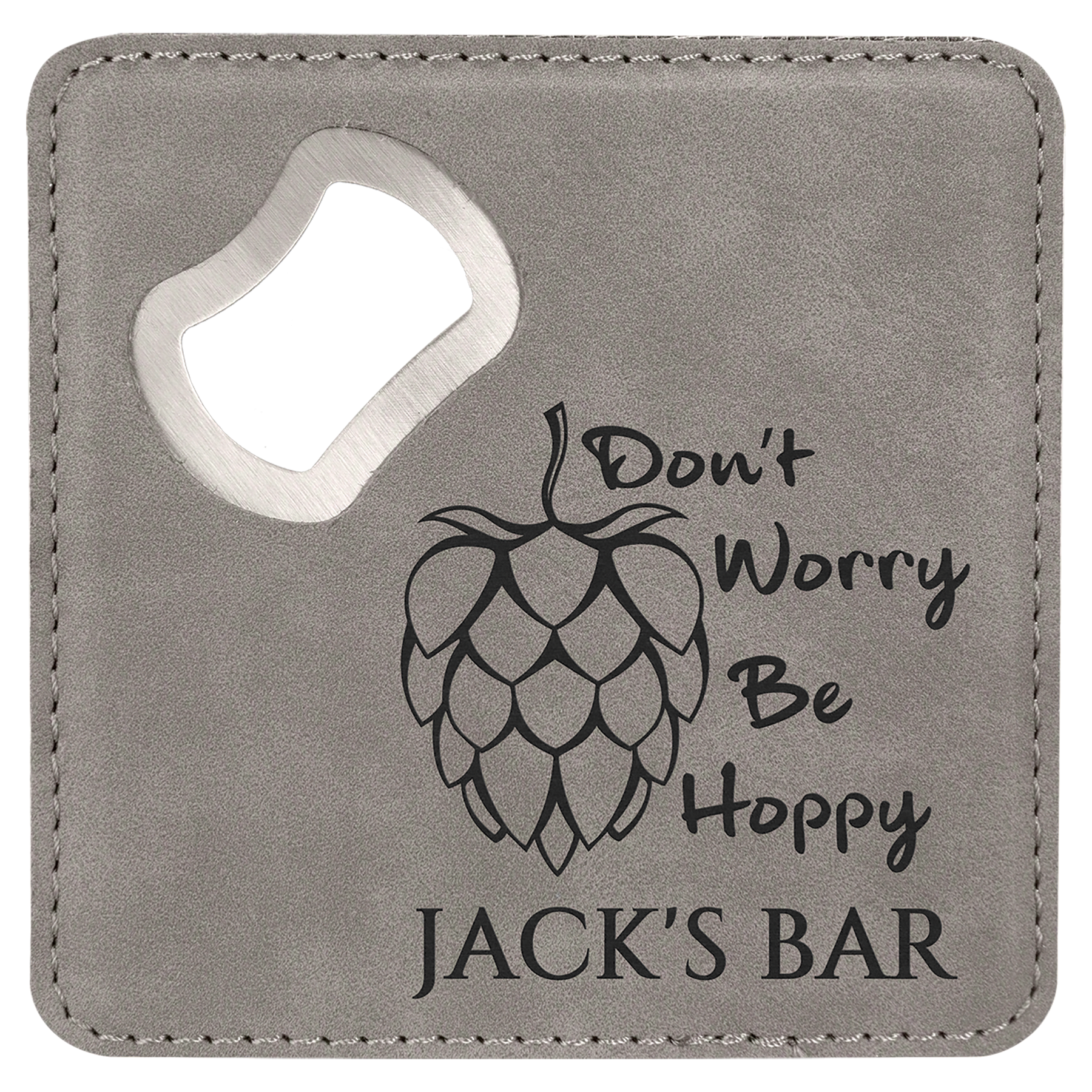 Gray 4" x 4" Square Laserable Leatherette Bottle Opener Coaster