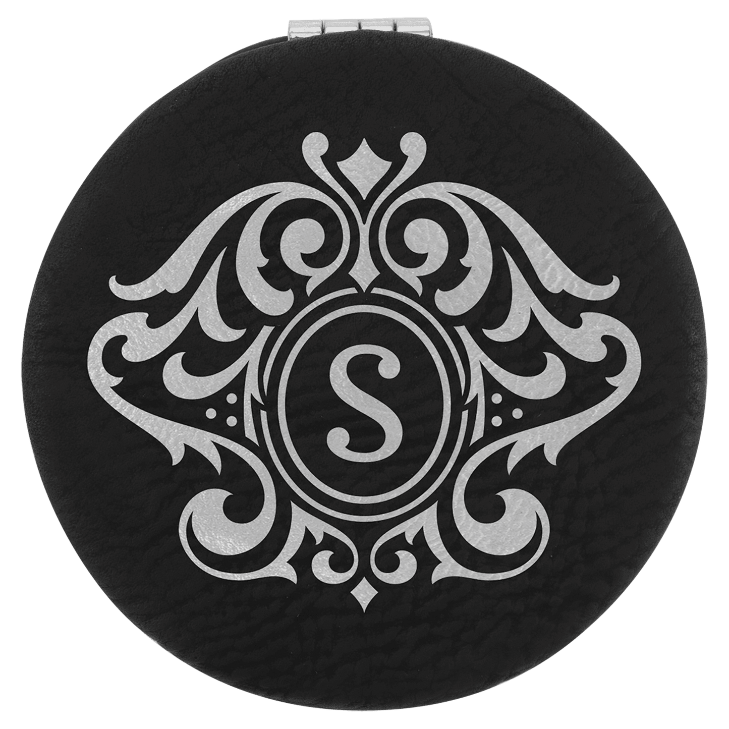 Black/Silver 2 1/2" Laserable Leatherette Compact Mirror