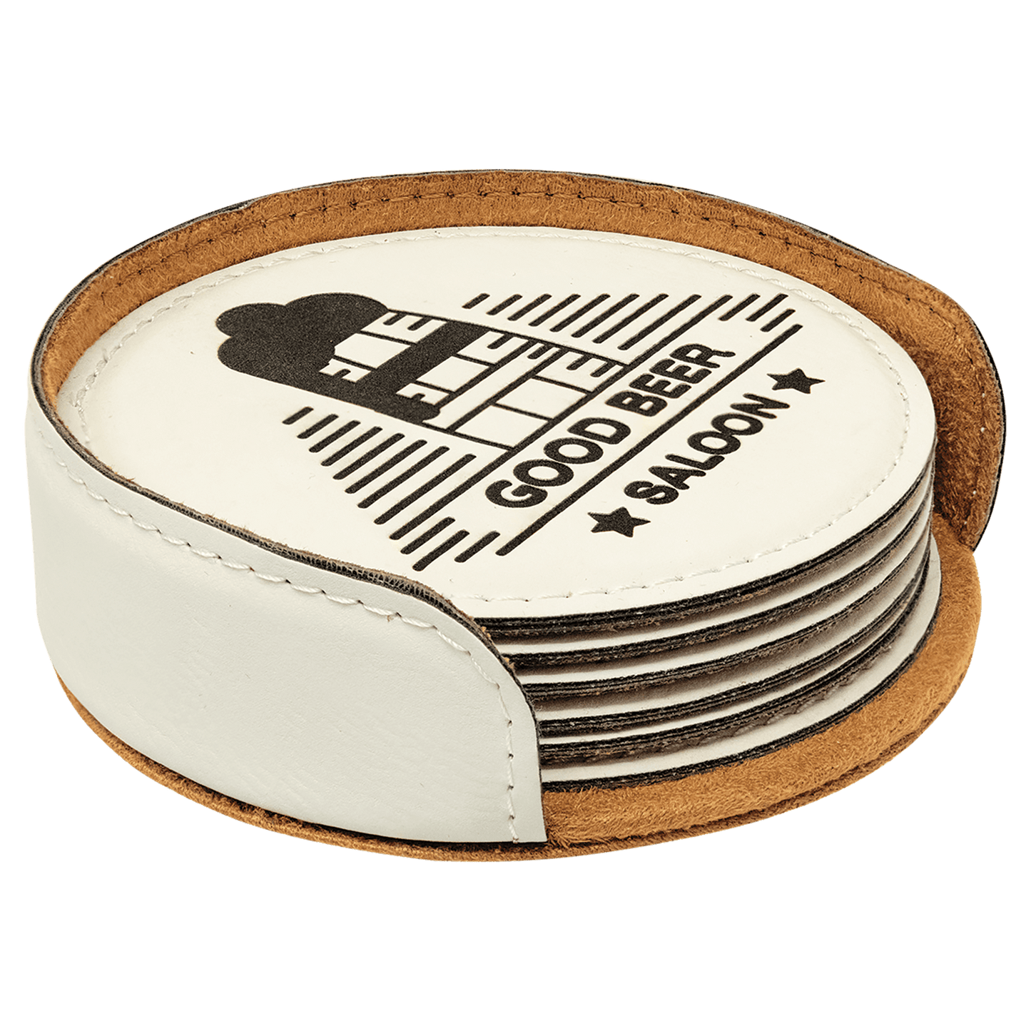White 4" Round Laserable Leatherette 6-Coaster Set