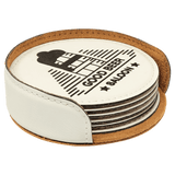 White 4" Round Laserable Leatherette 6-Coaster Set