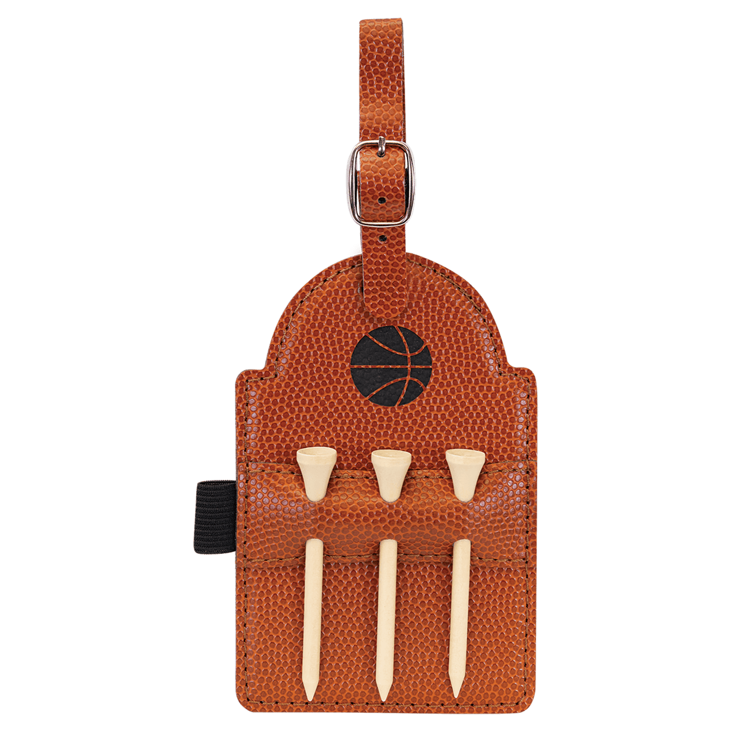 Basketball 5" x 3 1/4" Laserable Leatherette Golf Bag Tag with 3 Wooden Tees