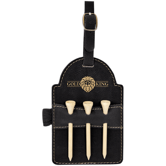 Black/Gold 5" x 3 1/4" Laserable Leatherette Golf Bag Tag with 3 Wooden Tees