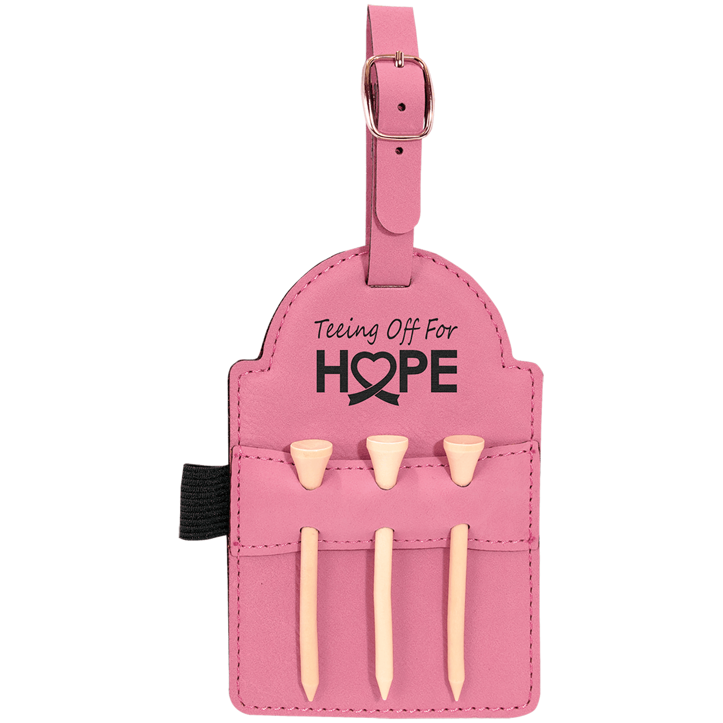 Pink 5" x 3 1/4" Laserable Leatherette Golf Bag Tag with 3 Wooden Tees