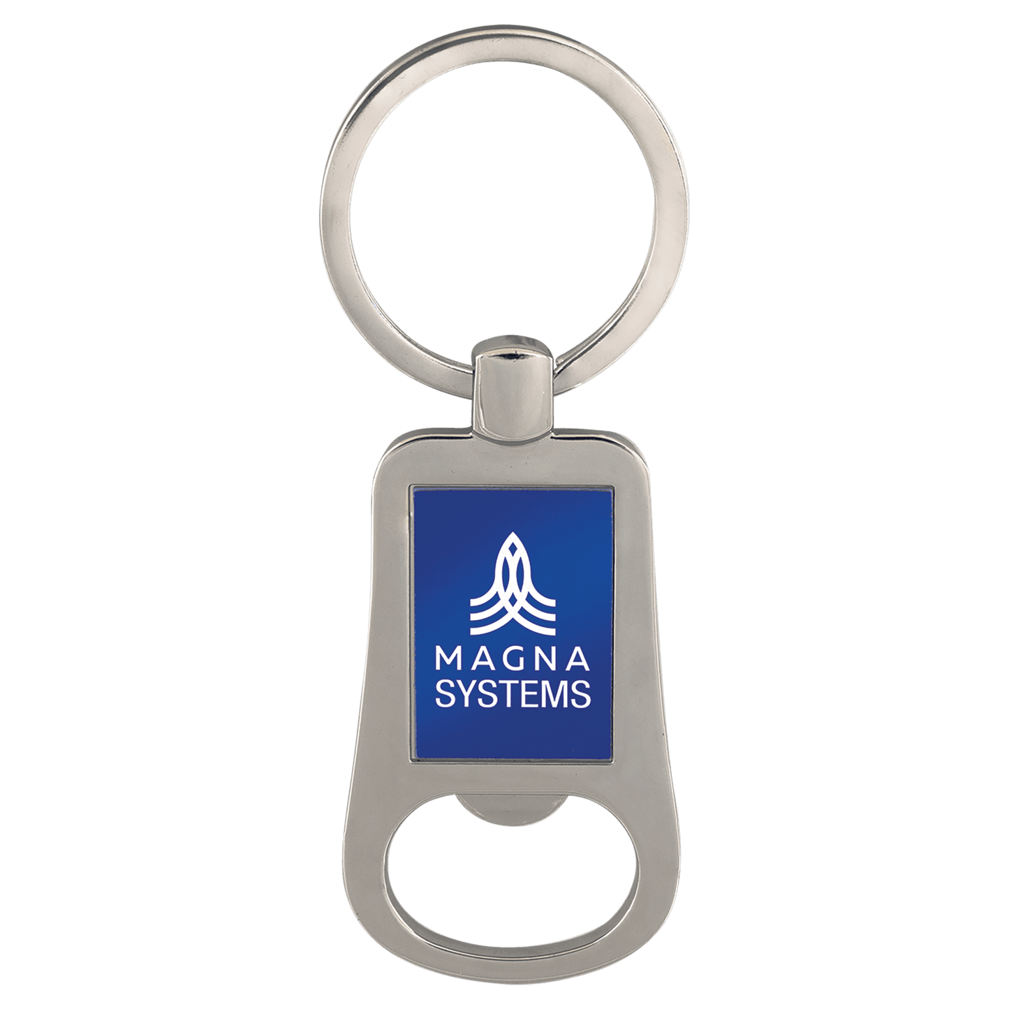 Silver/Blue 2 1/8" Laserable Bottle Opener Keychain