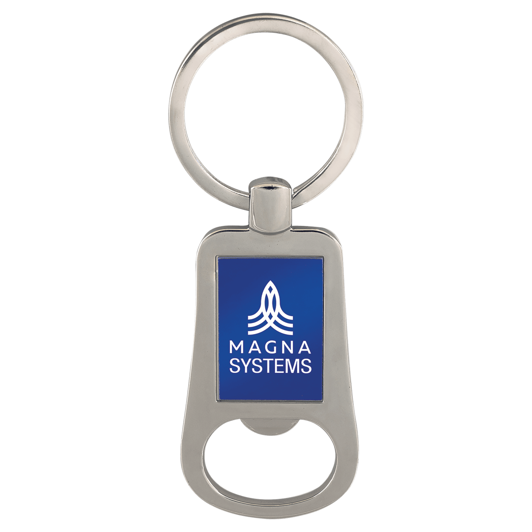 Silver/Blue 2 1/8" Laserable Bottle Opener Keychain
