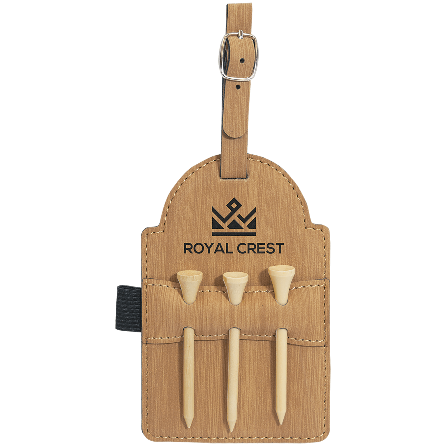 Bamboo 5" x 3 1/4" Laserable Leatherette Golf Bag Tag with 3 Wooden Tees