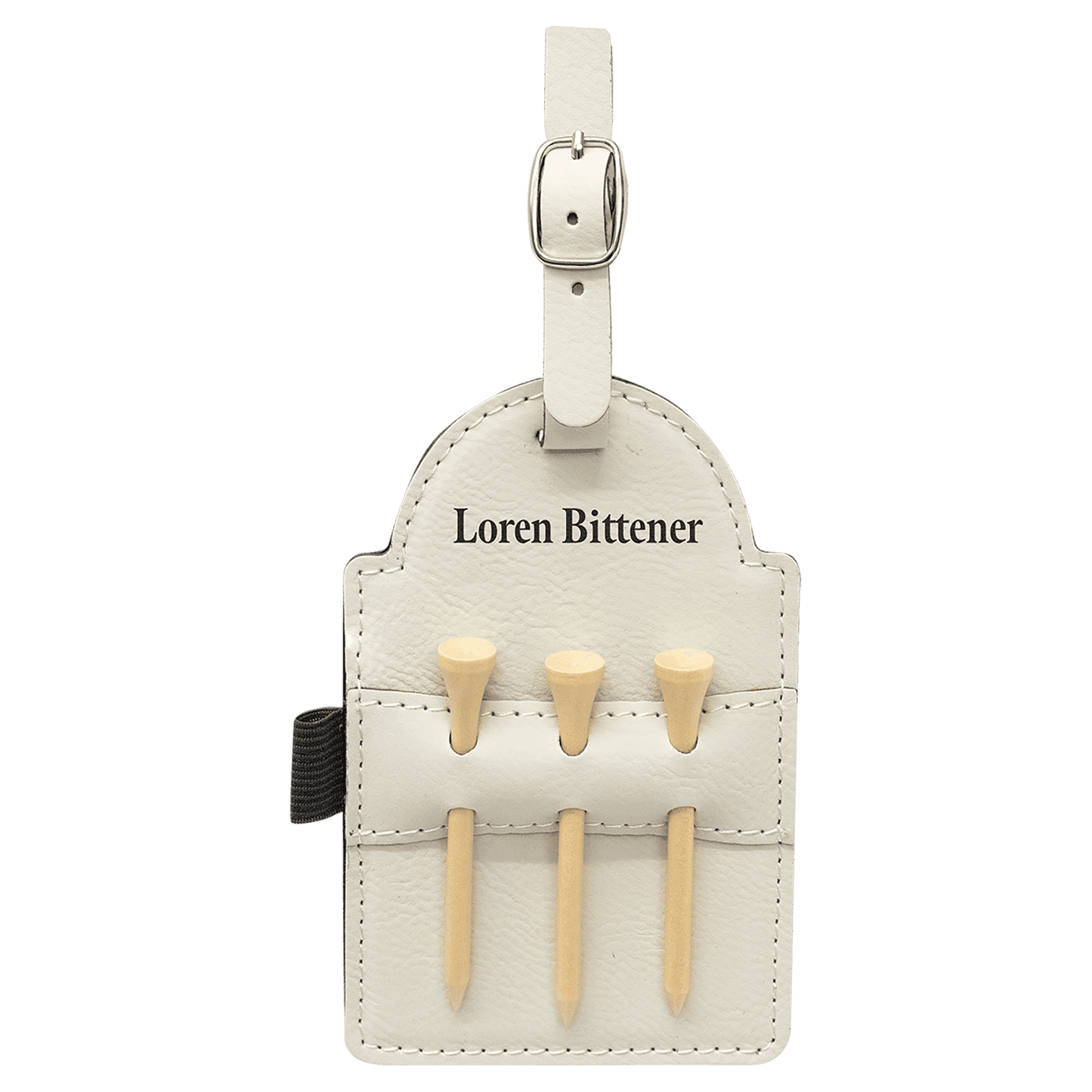 White 5" x 3 1/4" Laserable Leatherette Golf Bag Tag with 3 Wooden Tees