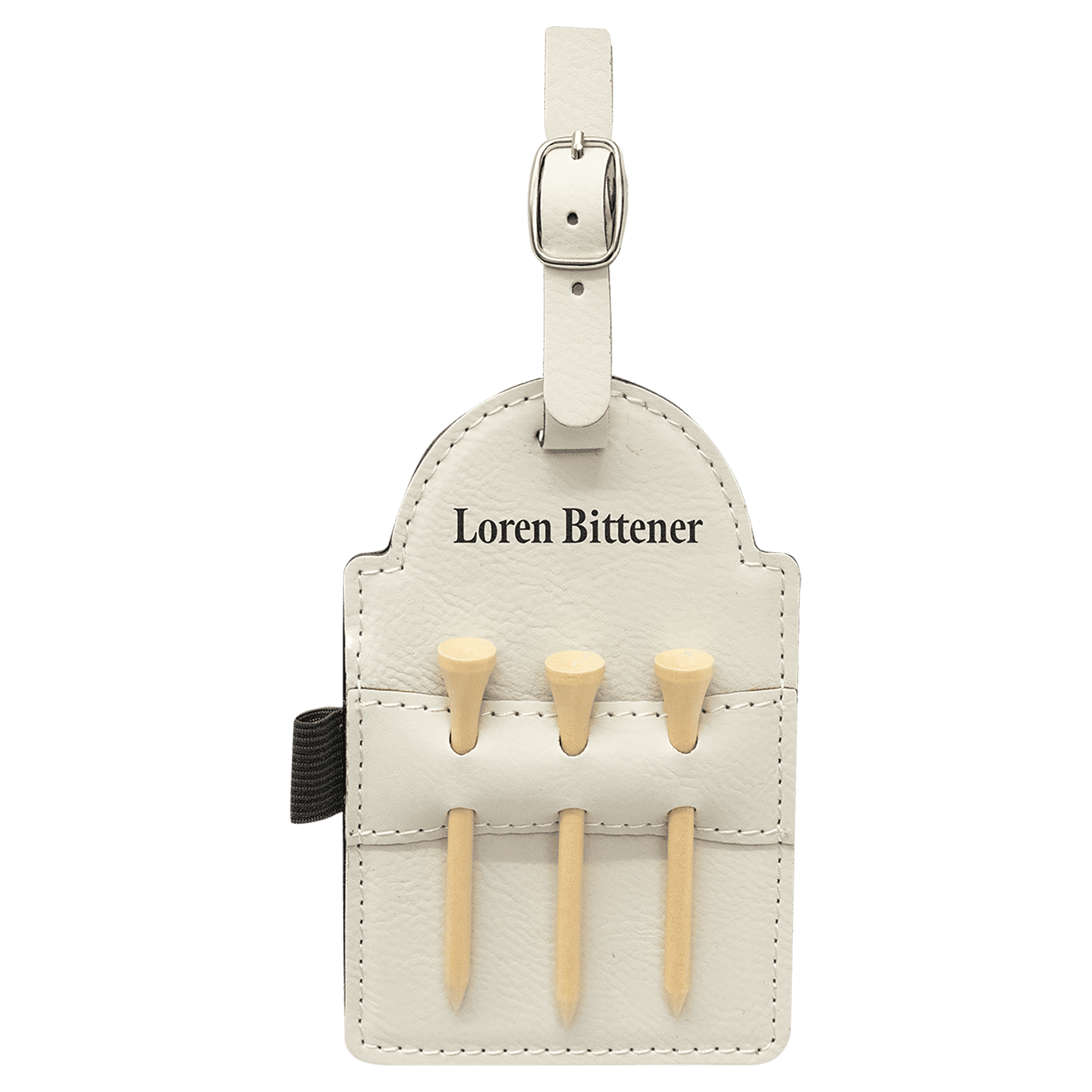 White 5" x 3 1/4" Laserable Leatherette Golf Bag Tag with 3 Wooden Tees