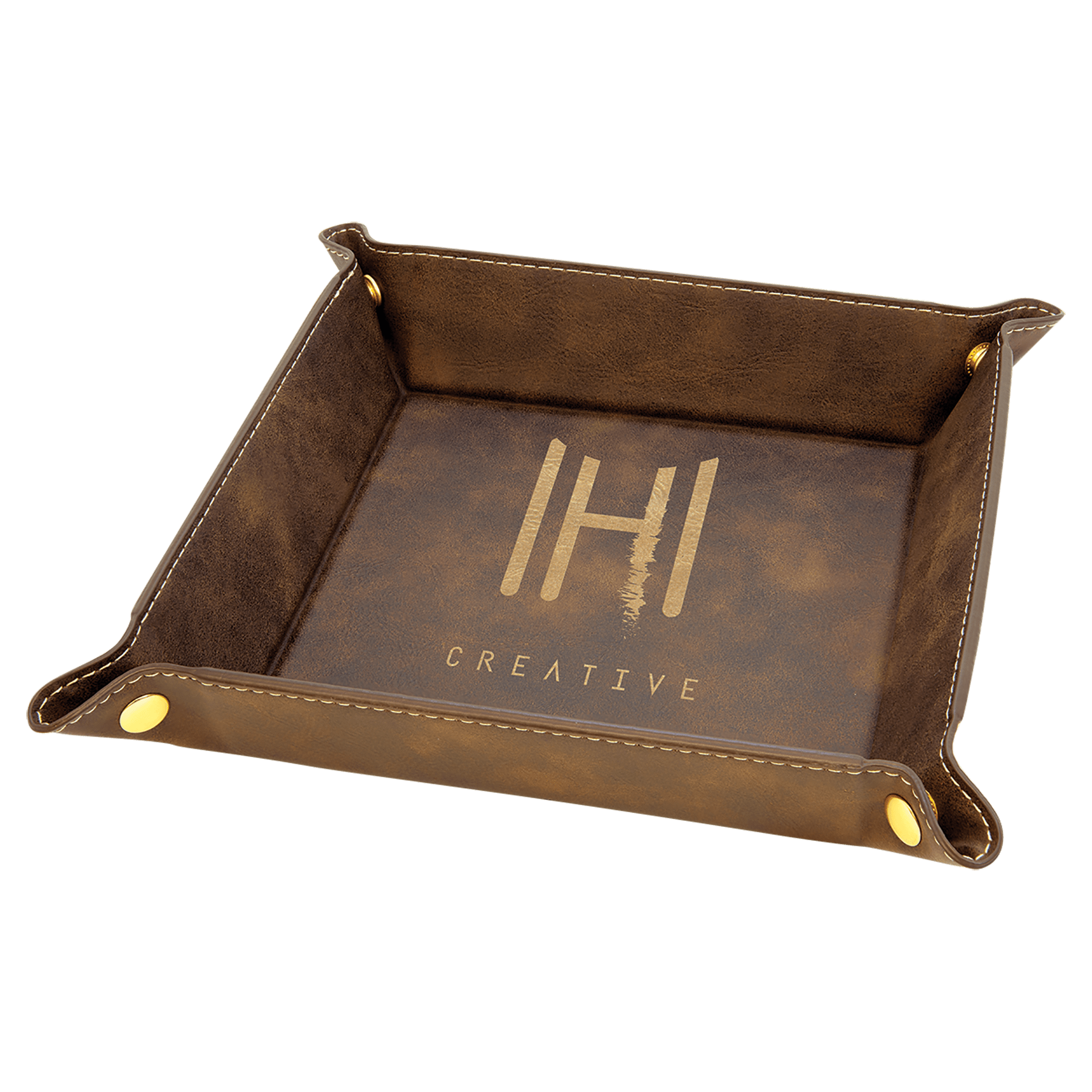 Rustic/Gold Laserable Leatherette Snap Up Tray with Gold 6" x 6" Laserable Leatherette Snap Up Tray with Silver Snaps