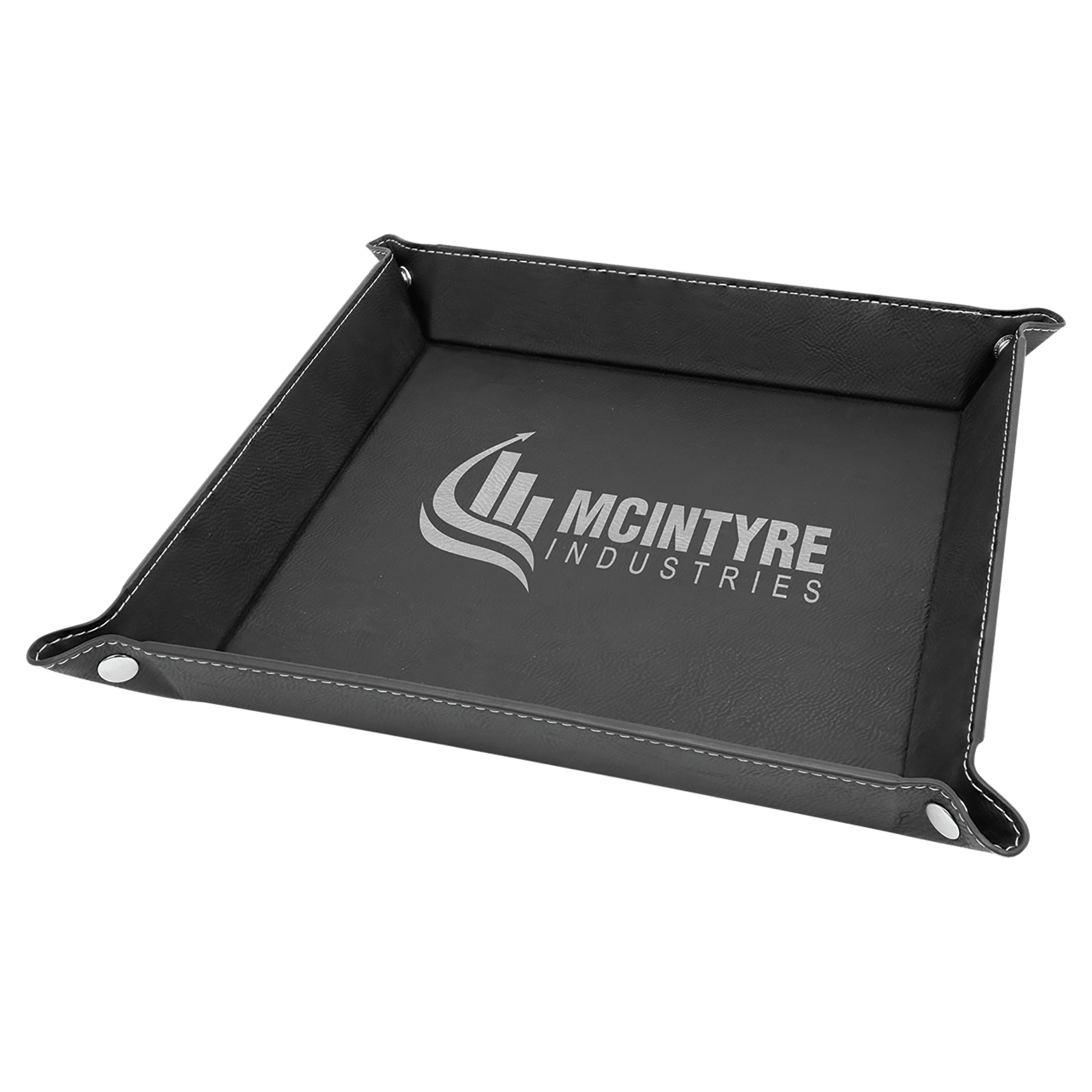 Black/Silver 2 6" x 6" Laserable Leatherette Snap Up Tray with Silver Snaps